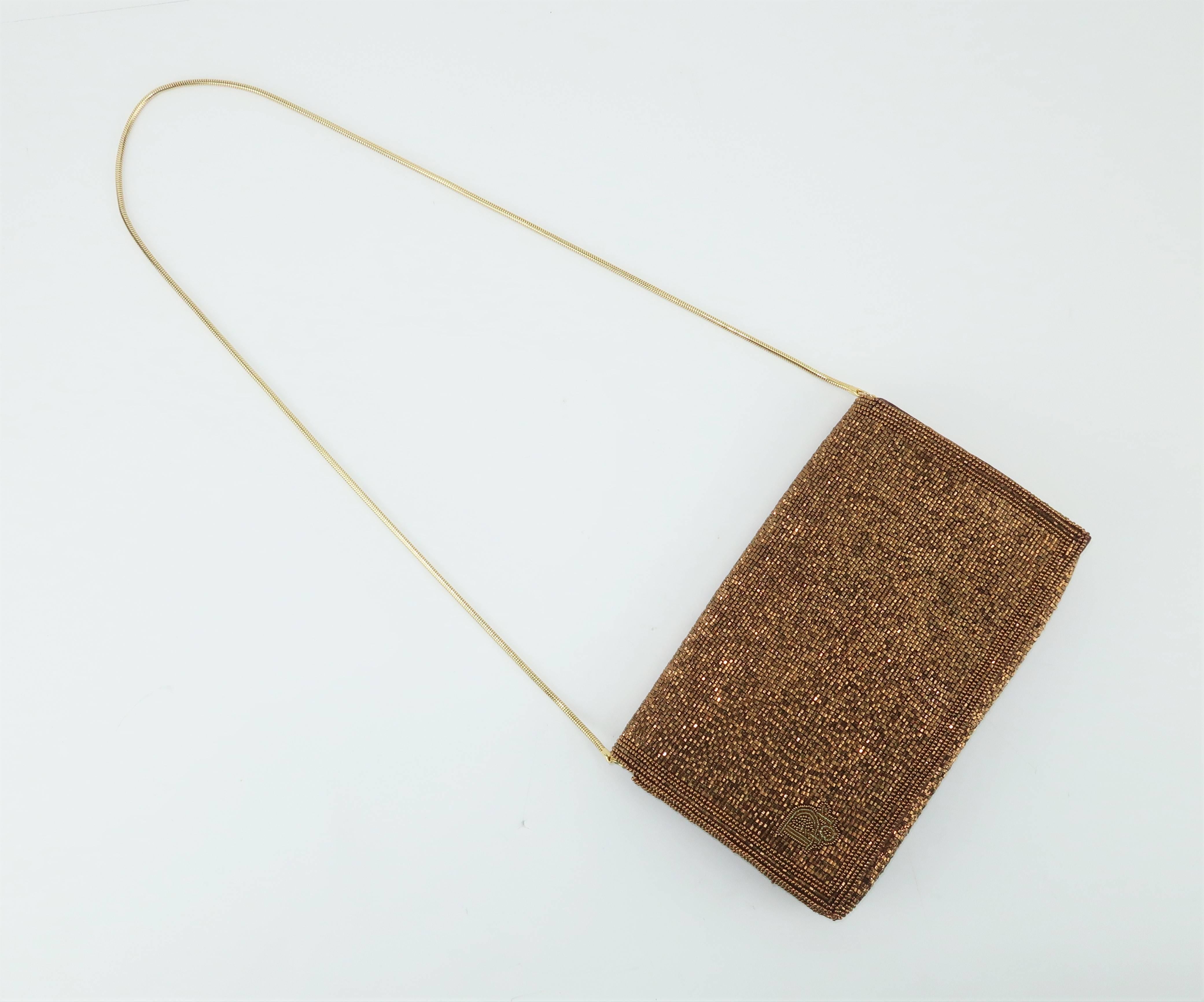 Brown C.1980 Disco Glam Christian Dior Logo Copper Beaded Evening Handbag
