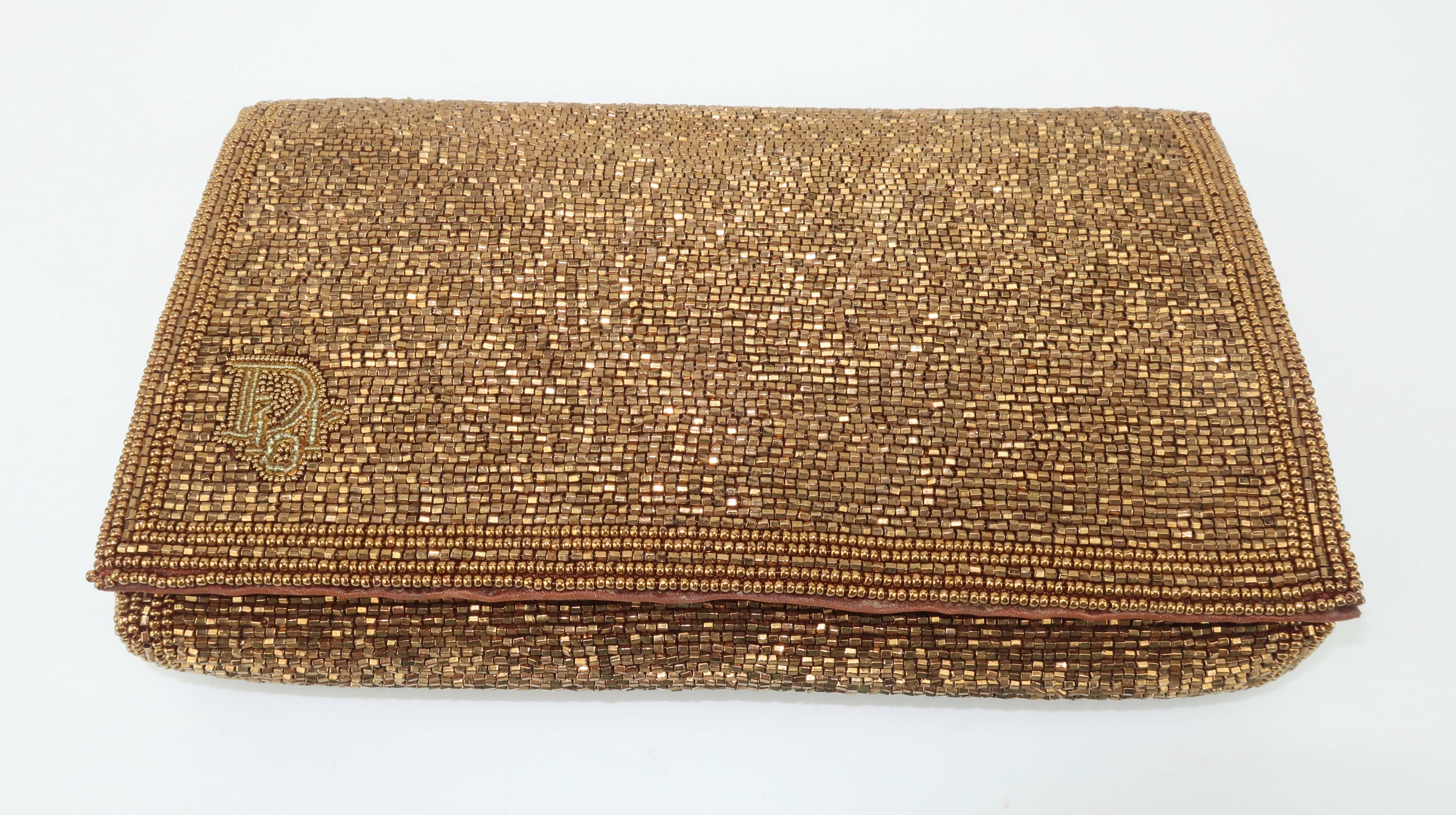 C.1980 Disco Glam Christian Dior Logo Copper Beaded Evening Handbag In Excellent Condition In Atlanta, GA