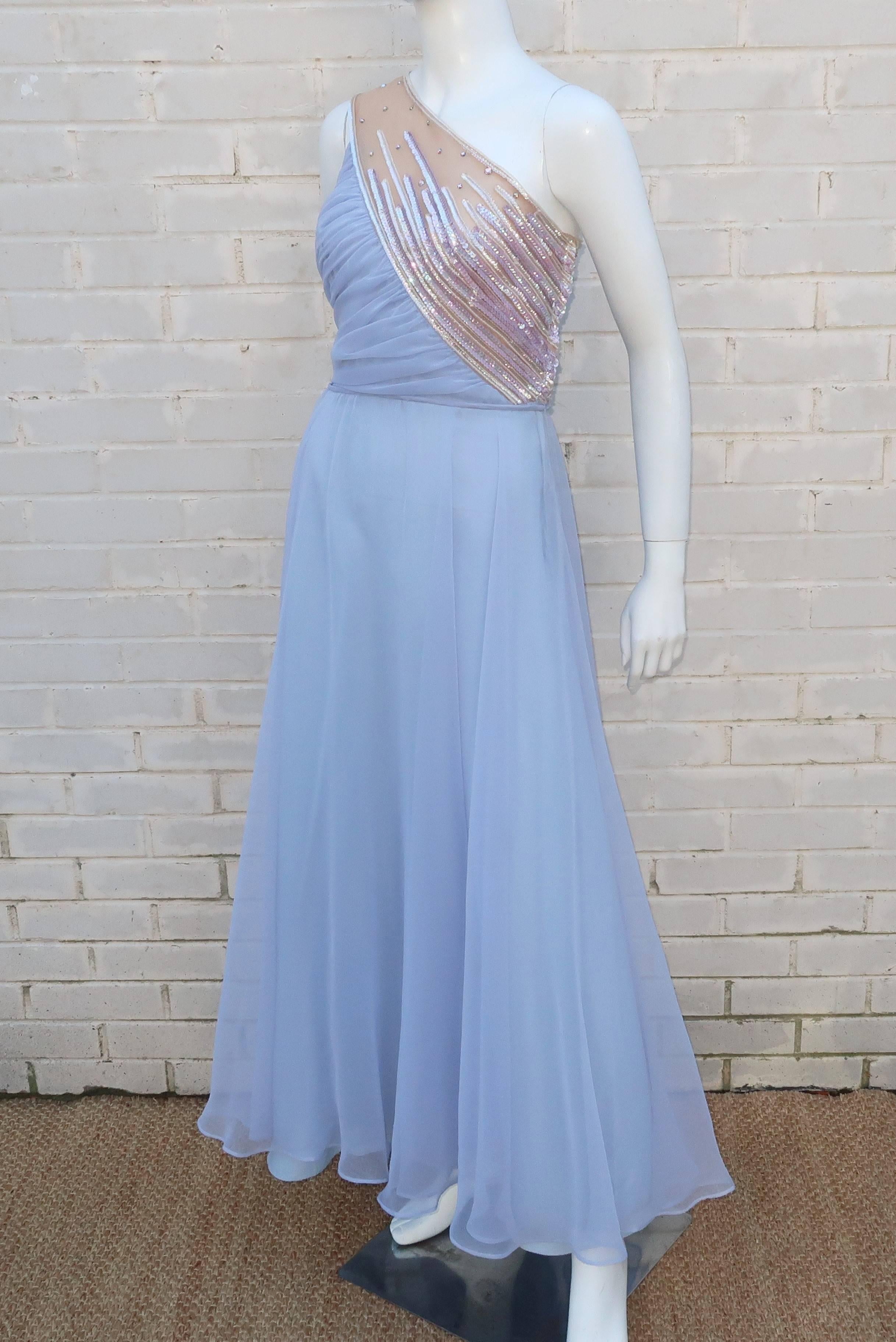 1960’s Lilli Diamond Shoulder Baring Sequin & Chiffon Evening Dress In Good Condition In Atlanta, GA