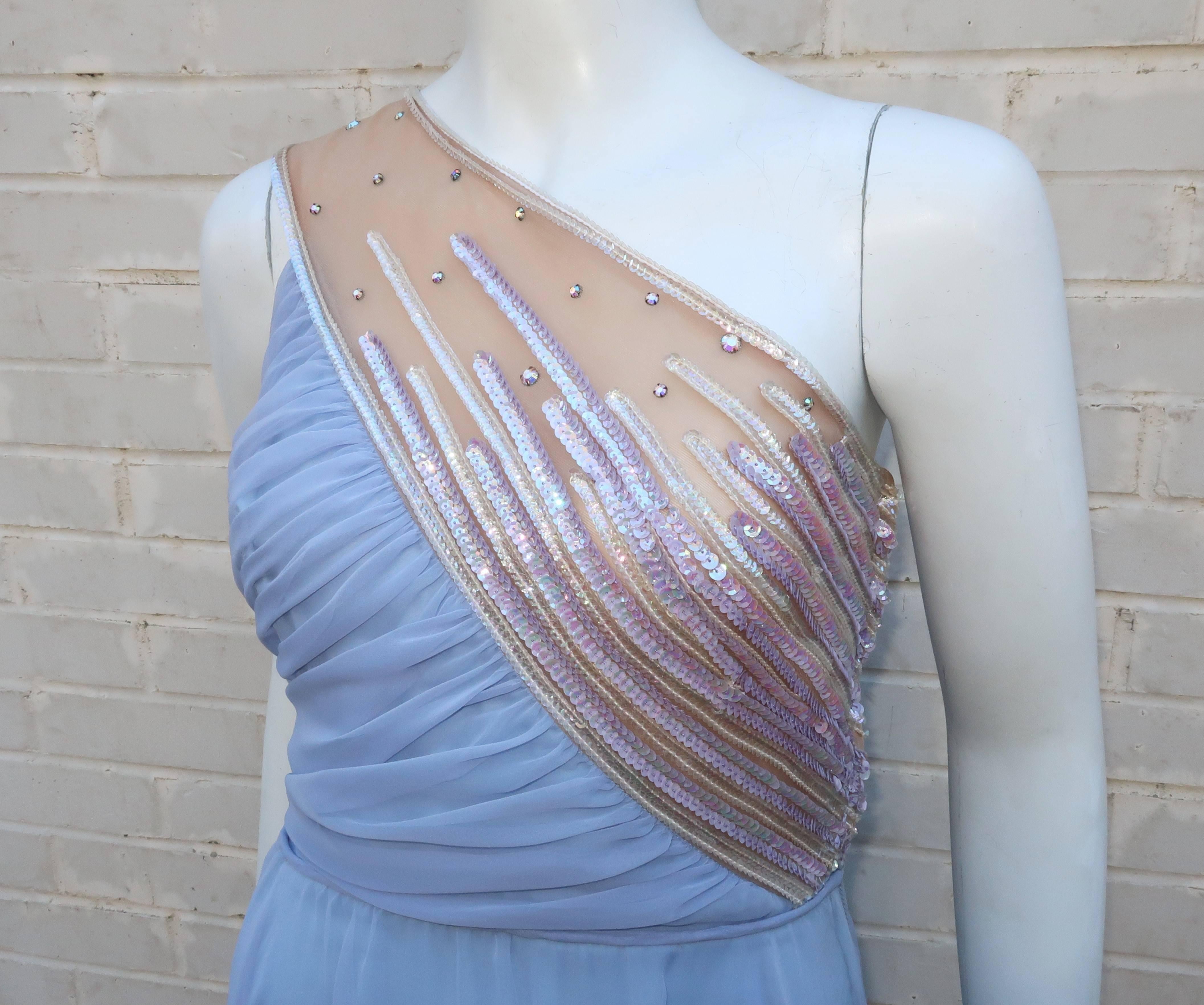 Blue 1960’s Lilli Diamond Shoulder Baring Sequin & Chiffon Evening Dress