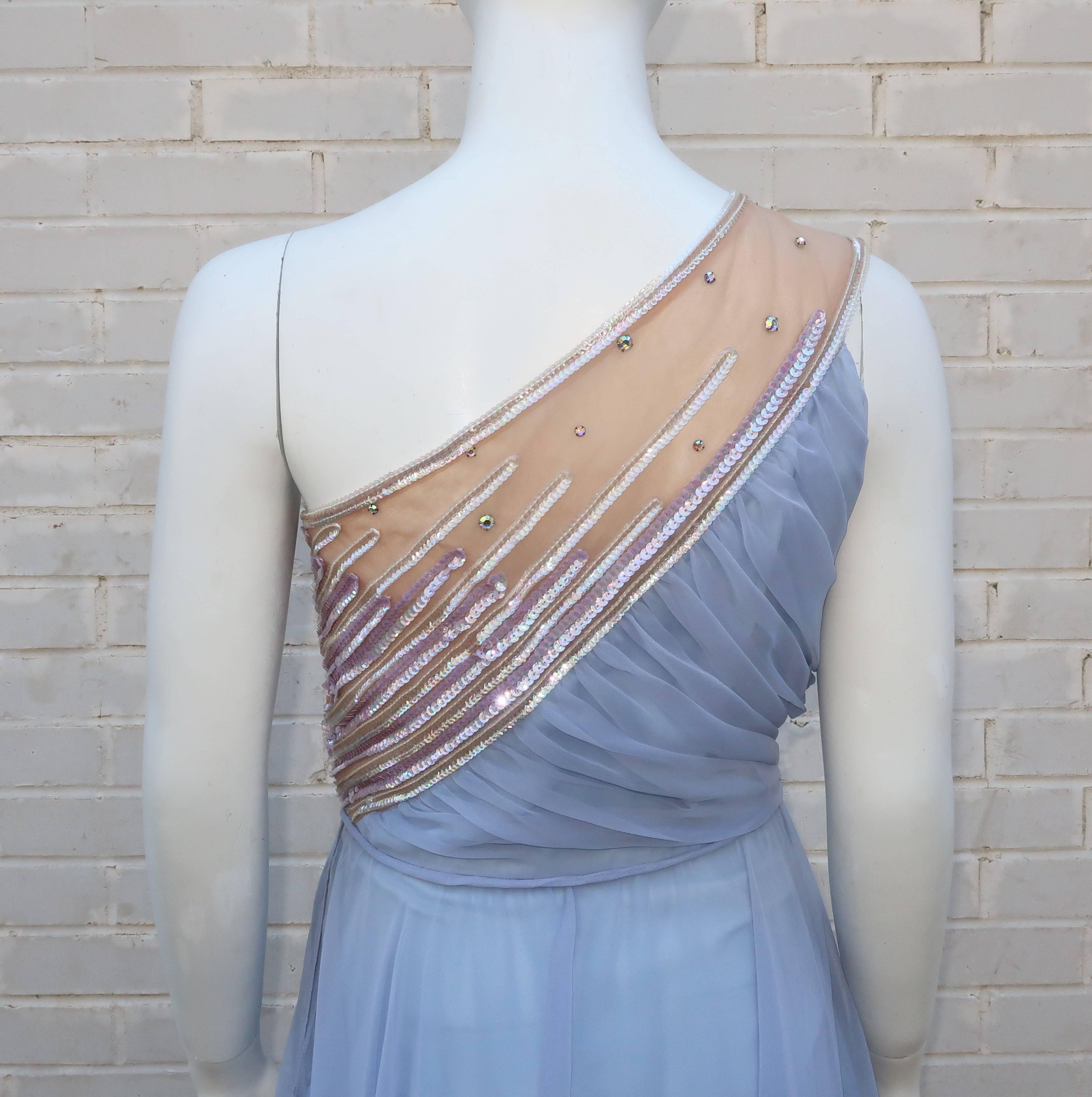 1960’s Lilli Diamond Shoulder Baring Sequin & Chiffon Evening Dress 1