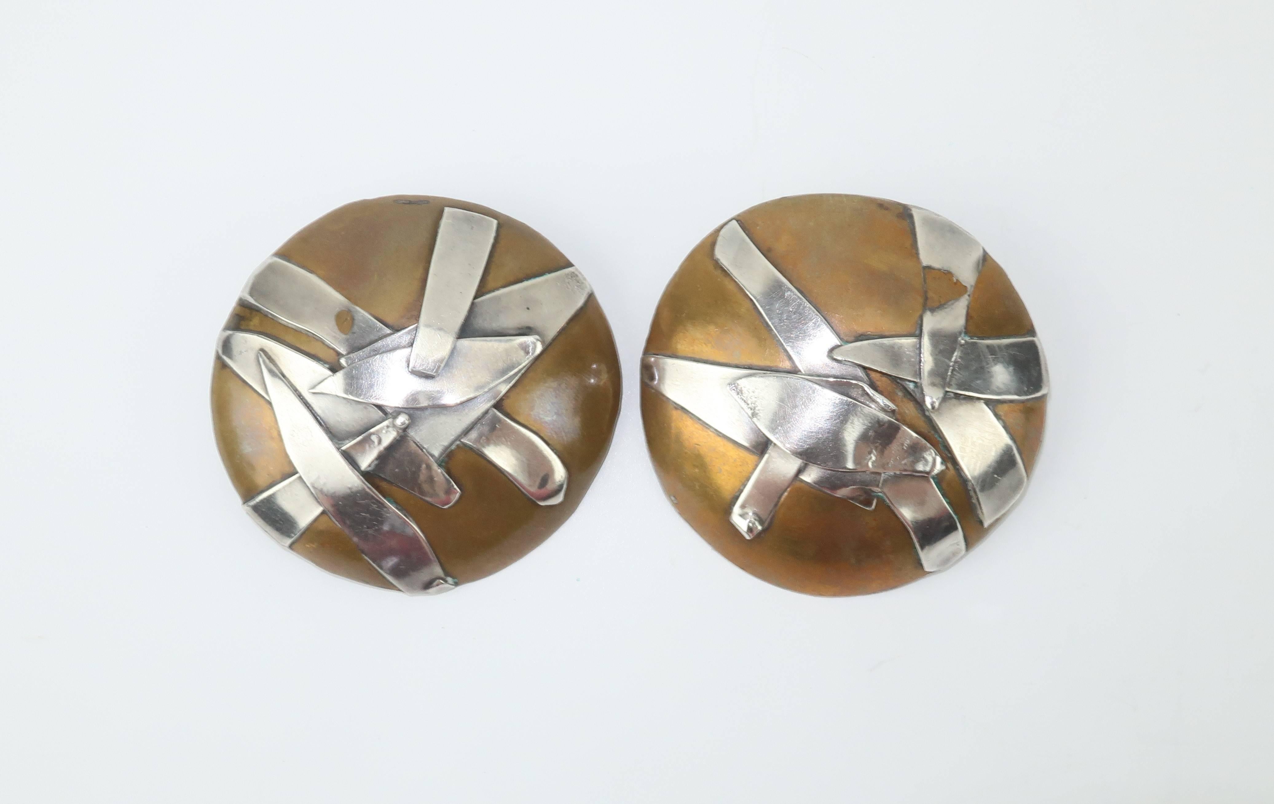 1980s Margaret Ellis Brutalist Bronze and Sterling Silver Earrings 4