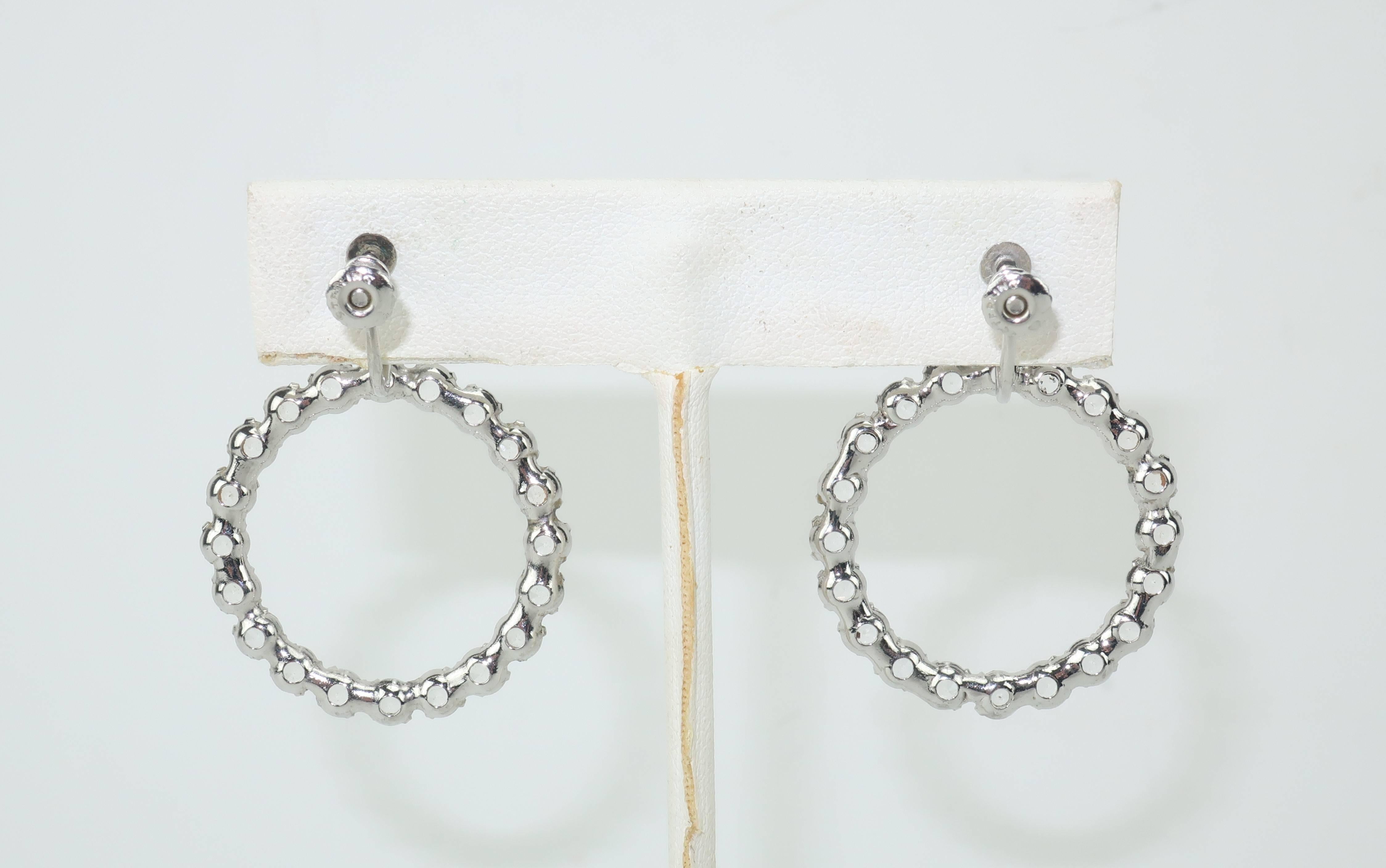 Glam 1950's Sterling Silver Hoop Rhinestone Earrings 2