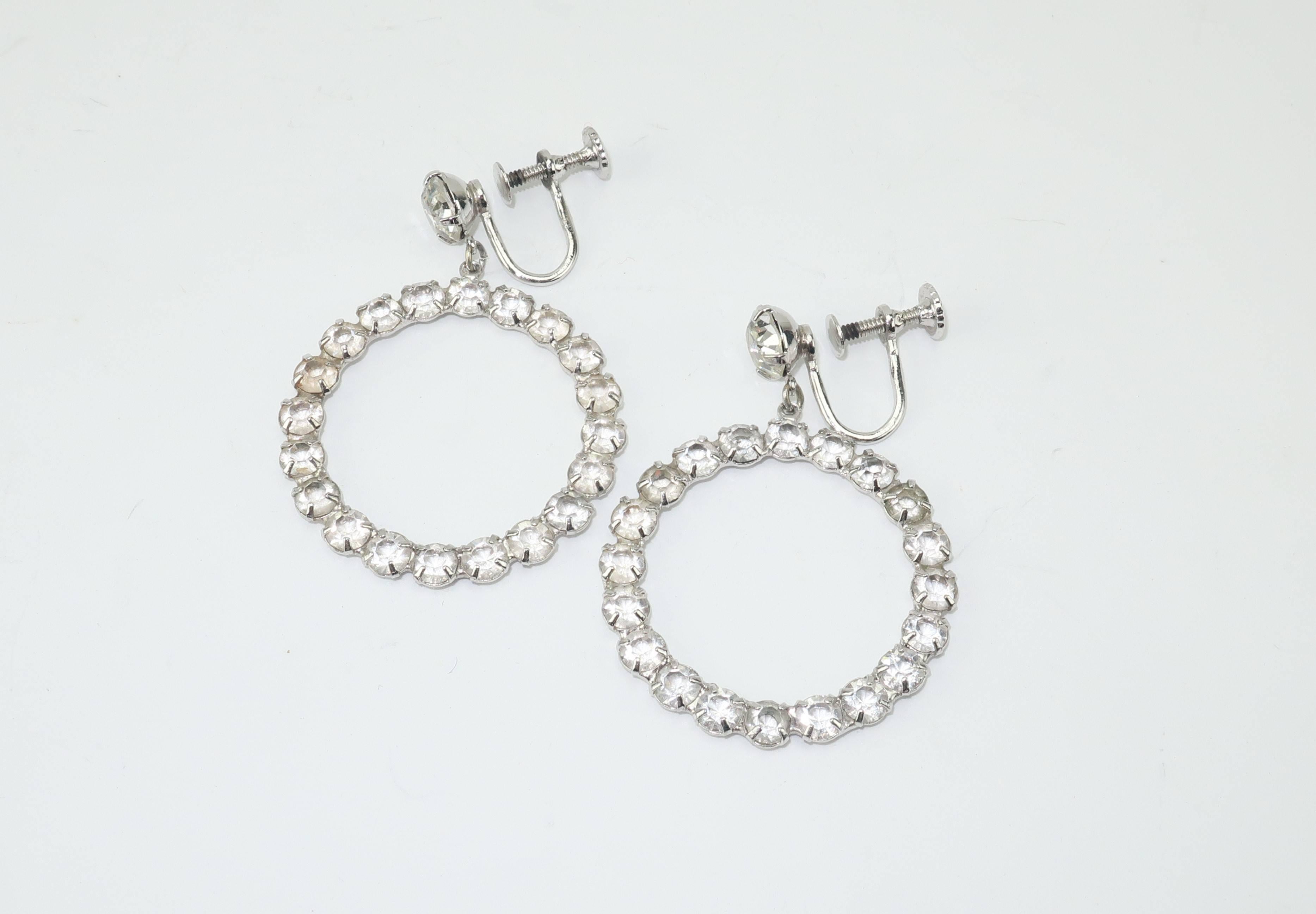 Glam 1950's Sterling Silver Hoop Rhinestone Earrings 5