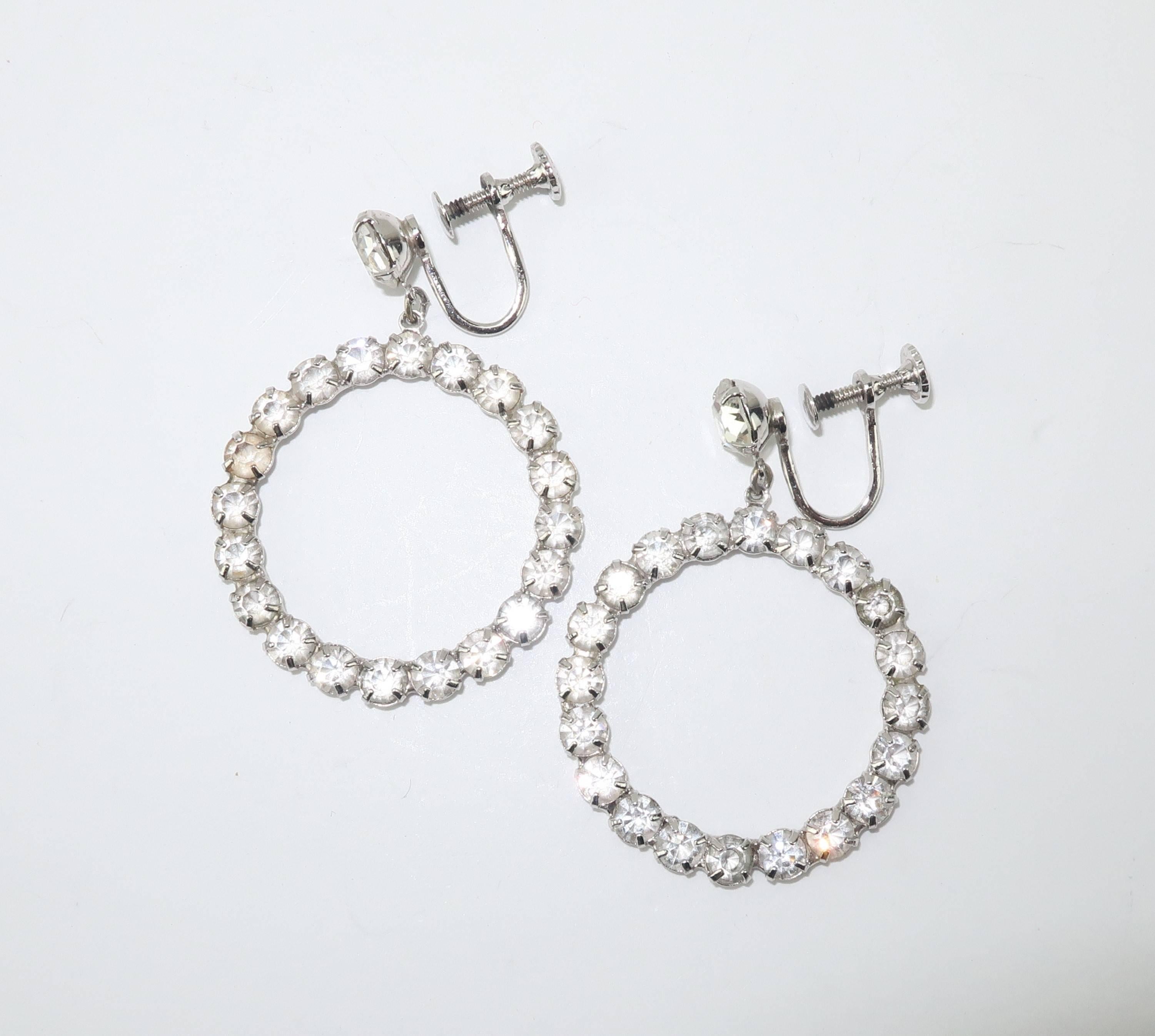 Glam 1950's Sterling Silver Hoop Rhinestone Earrings 4