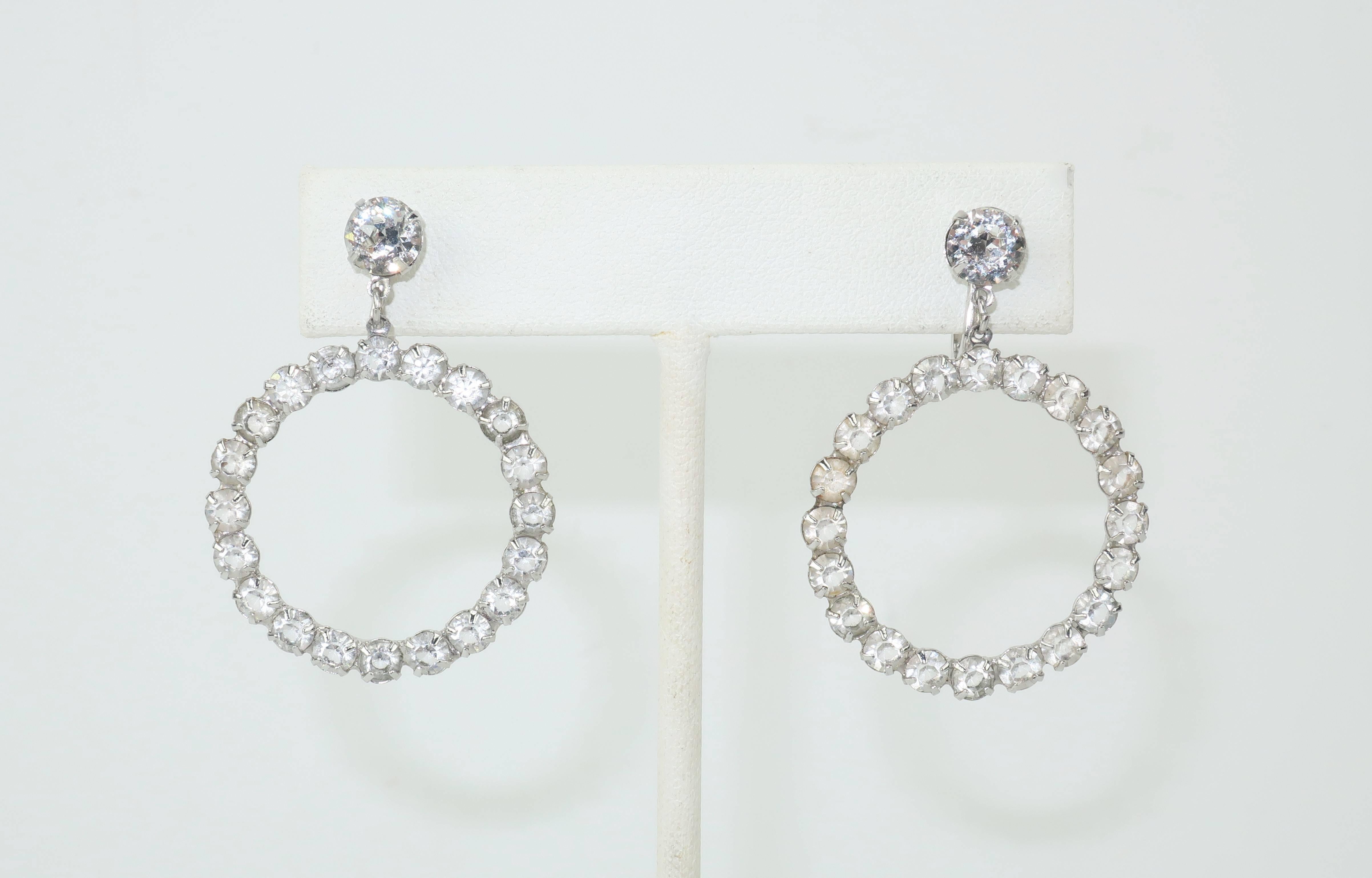 Modern Glam 1950's Sterling Silver Hoop Rhinestone Earrings