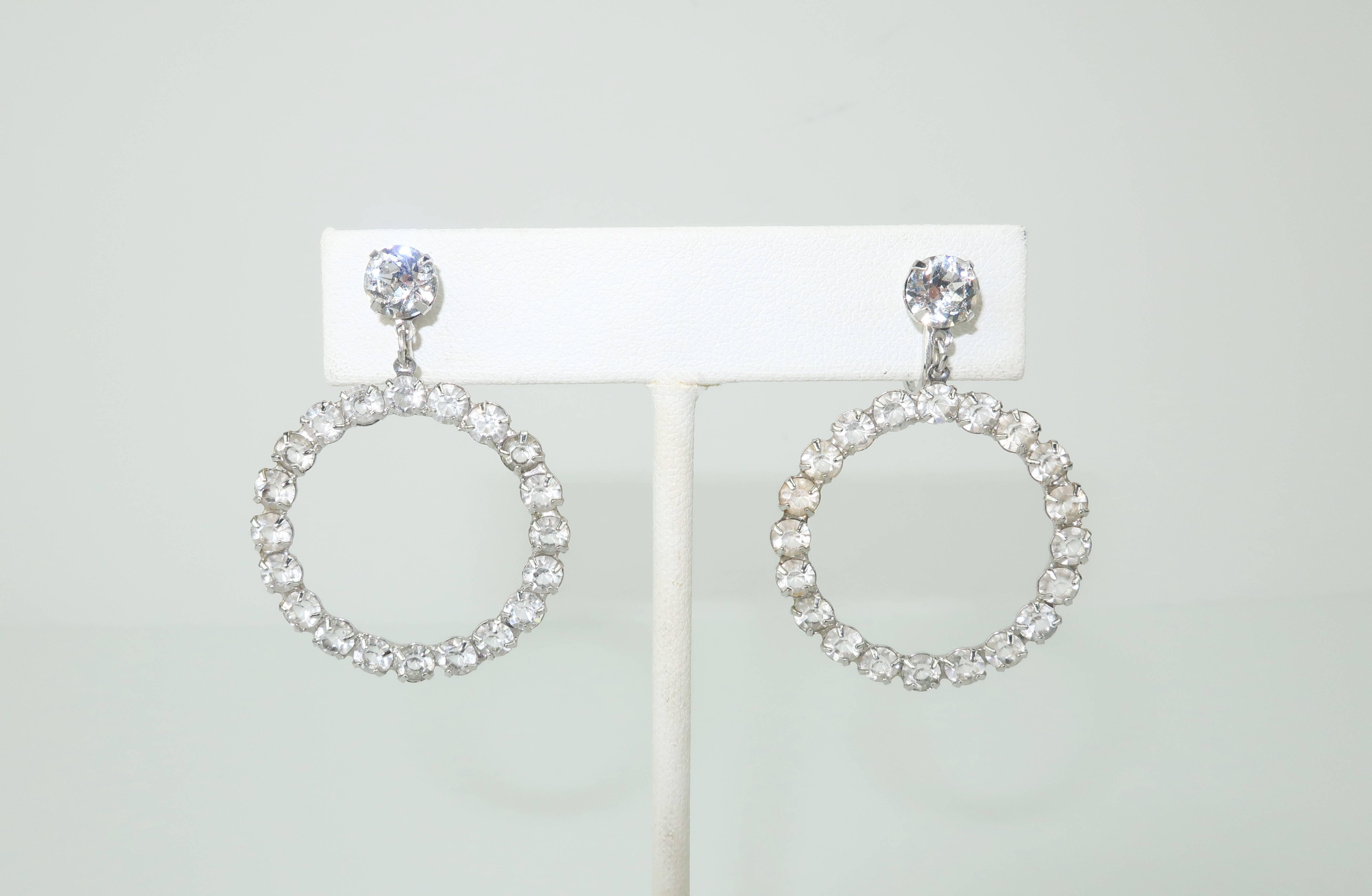 Women's Glam 1950's Sterling Silver Hoop Rhinestone Earrings