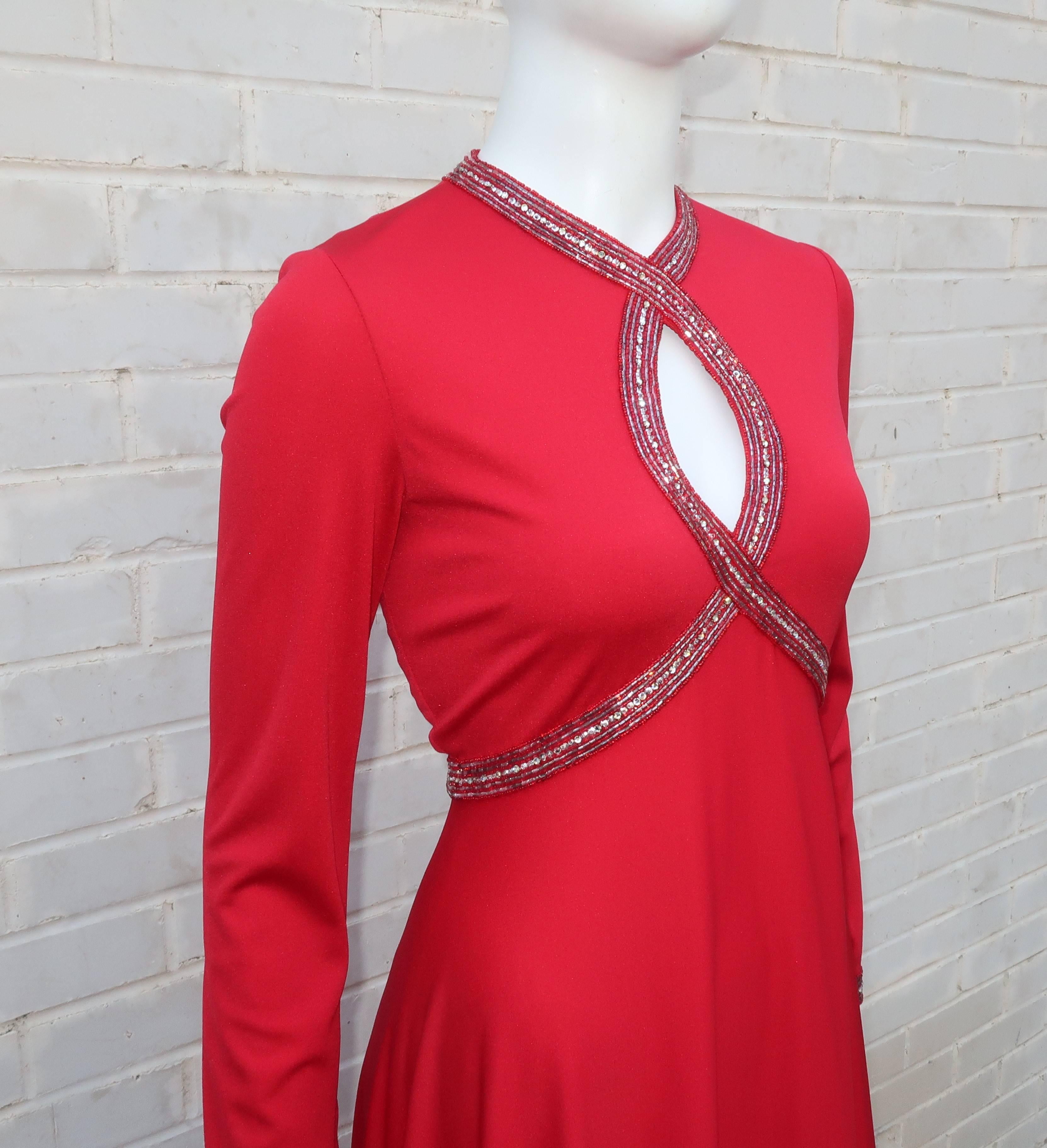 Women's C.1970 Lipstick Red Victoria Royal Beaded Jersey Evening Dress