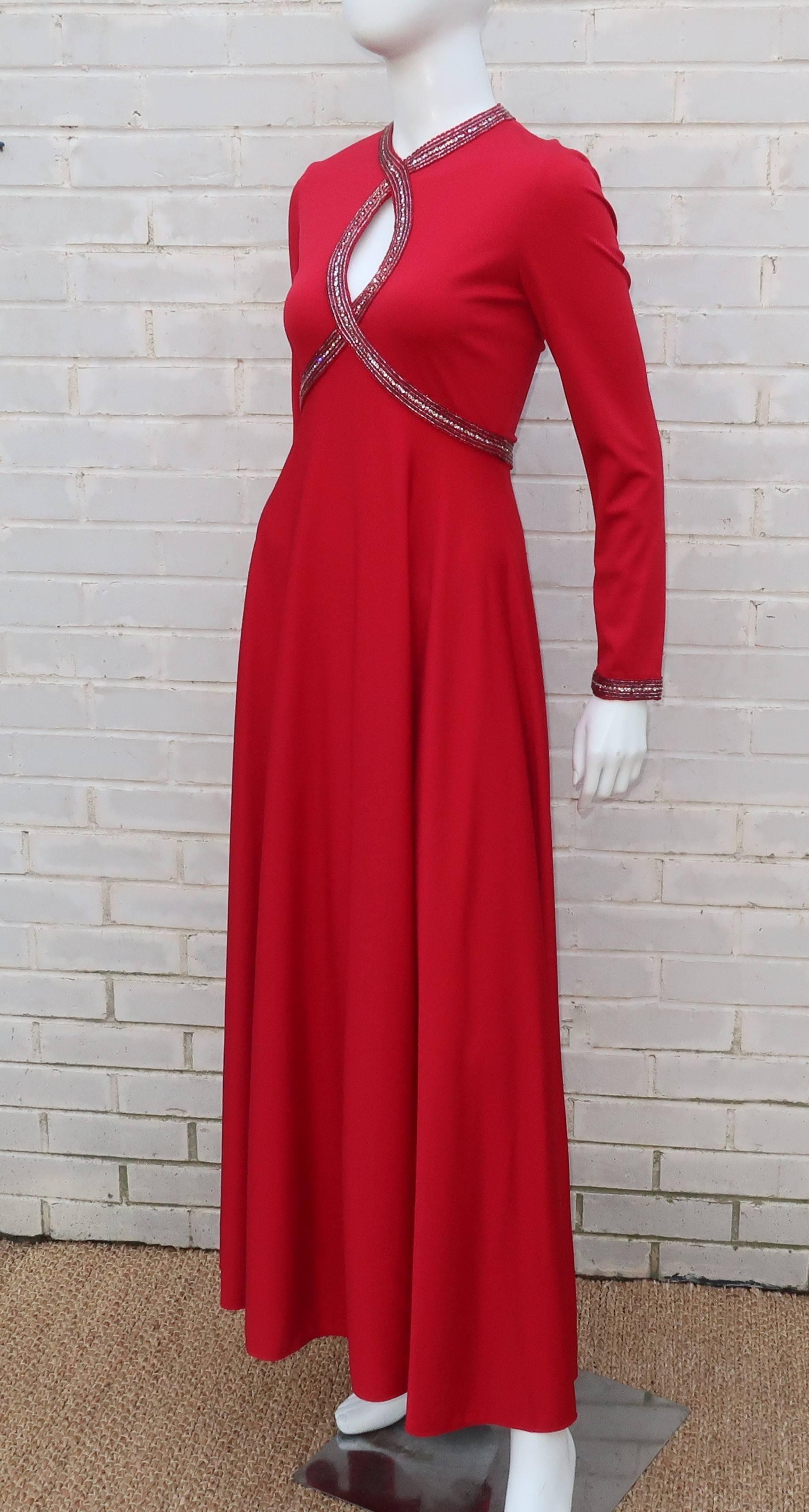 C.1970 Lipstick Red Victoria Royal Beaded Jersey Evening Dress 2