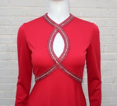 C.1970 Lipstick Red Victoria Royal Beaded Jersey Evening Dress