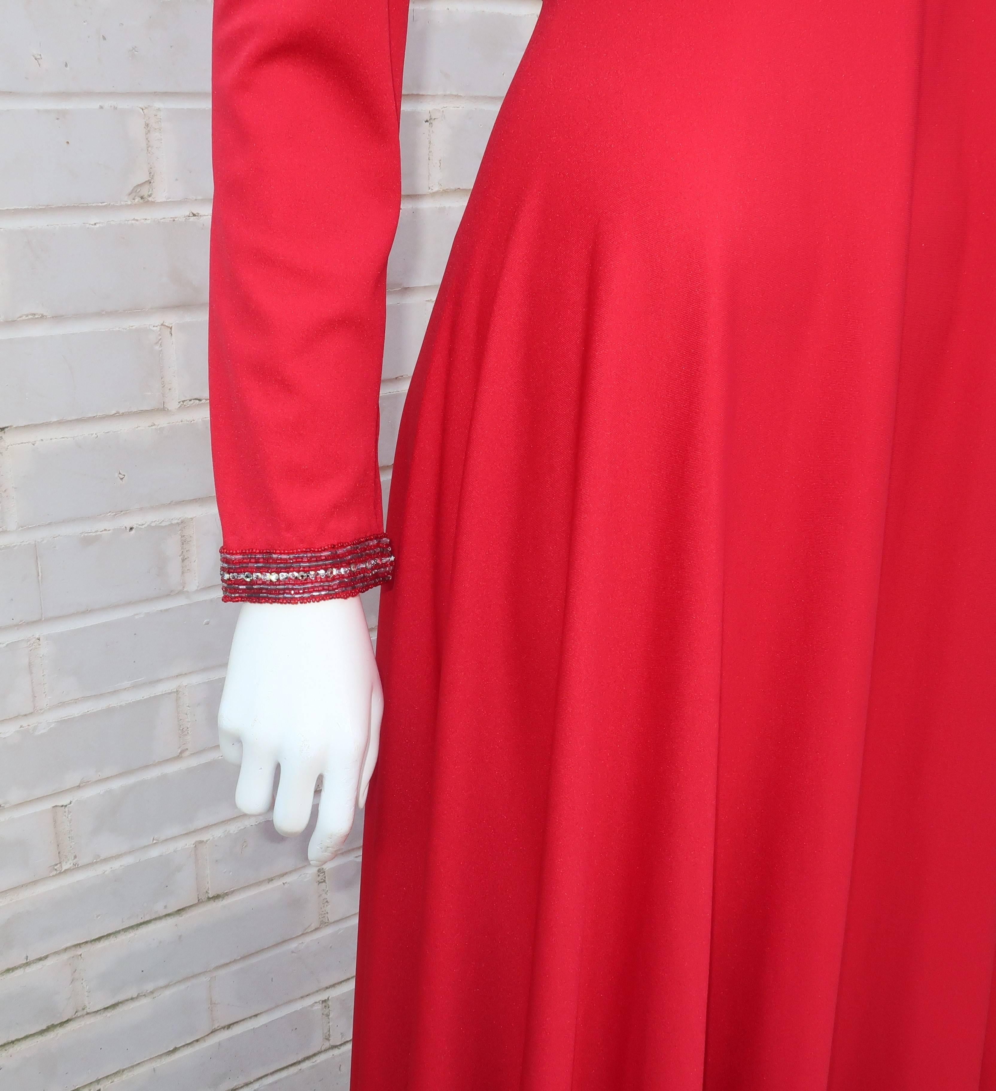 C.1970 Lipstick Red Victoria Royal Beaded Jersey Evening Dress 1