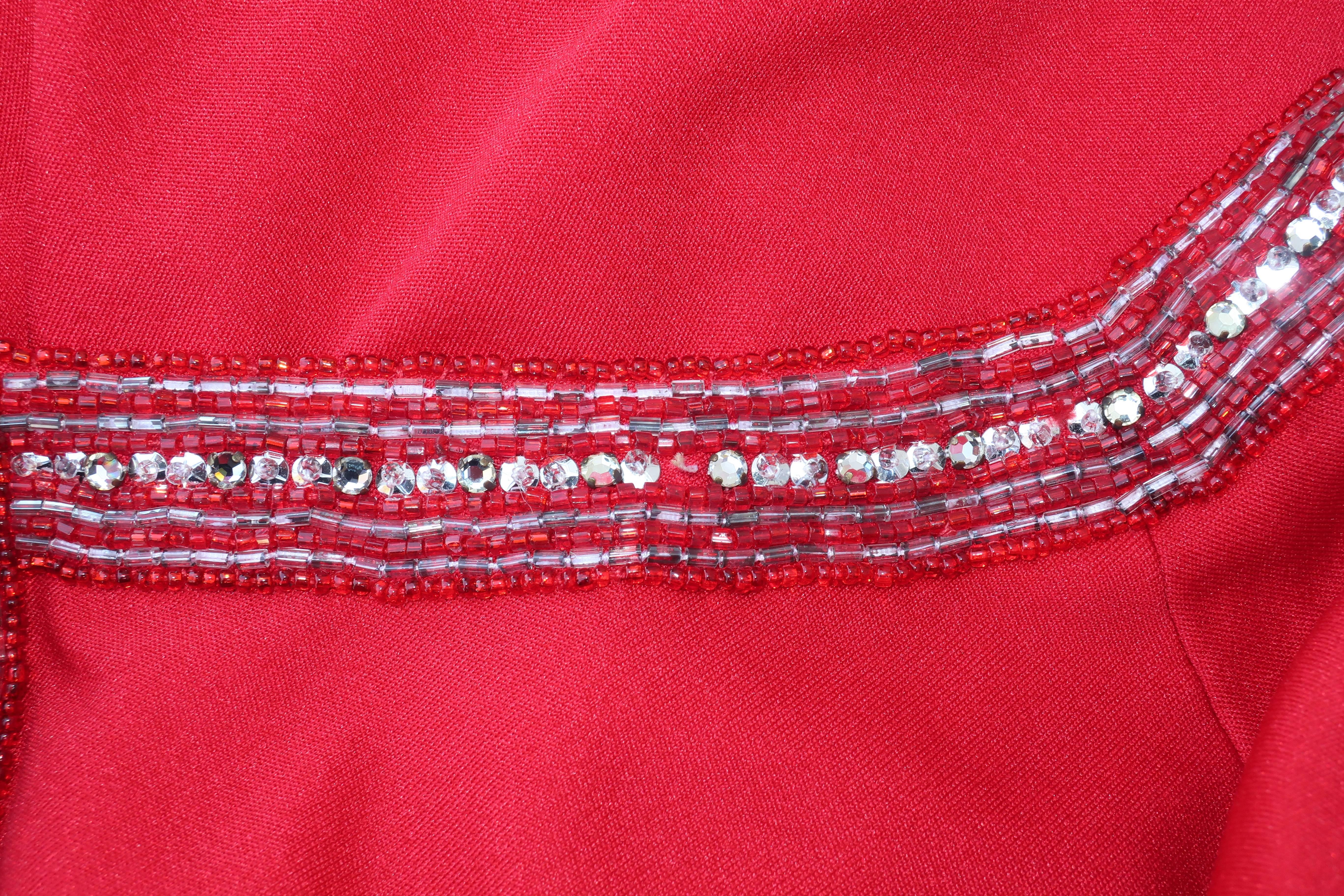 C.1970 Lipstick Red Victoria Royal Beaded Jersey Evening Dress 5