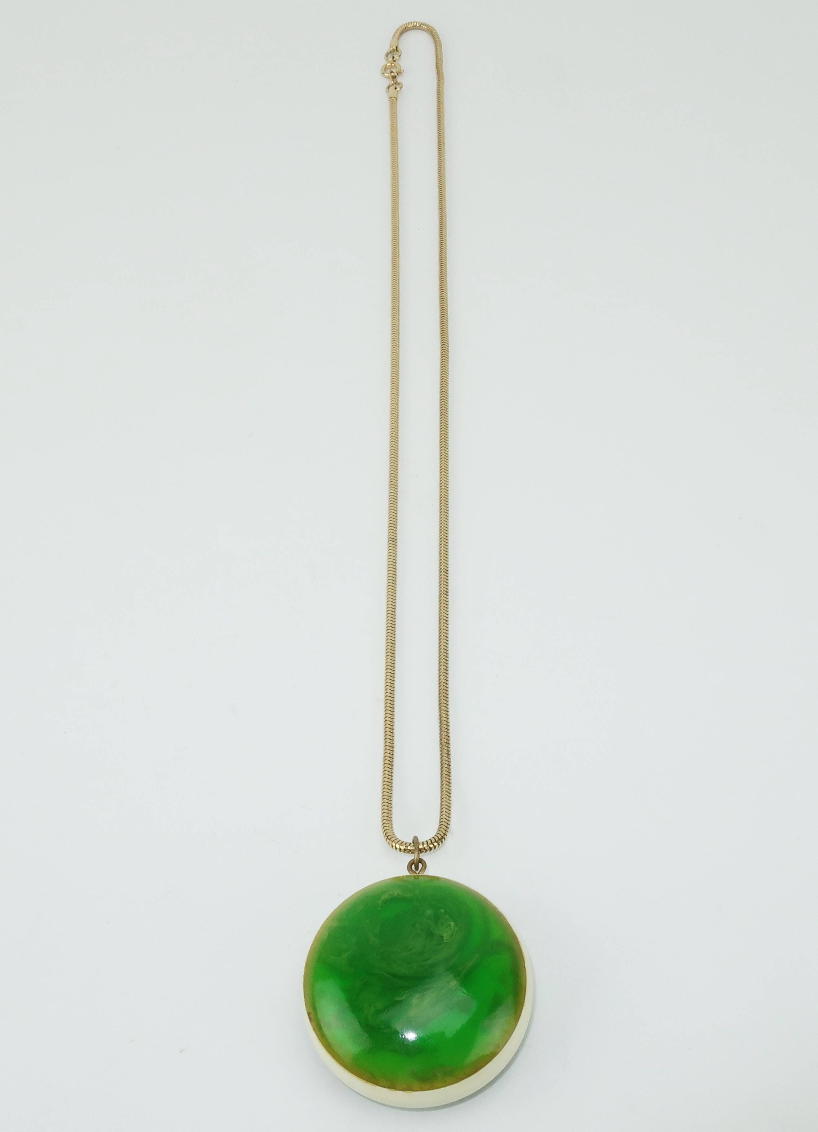 Women's Mod Green Marbled Acrylic Pendant Necklace, circa 1970 