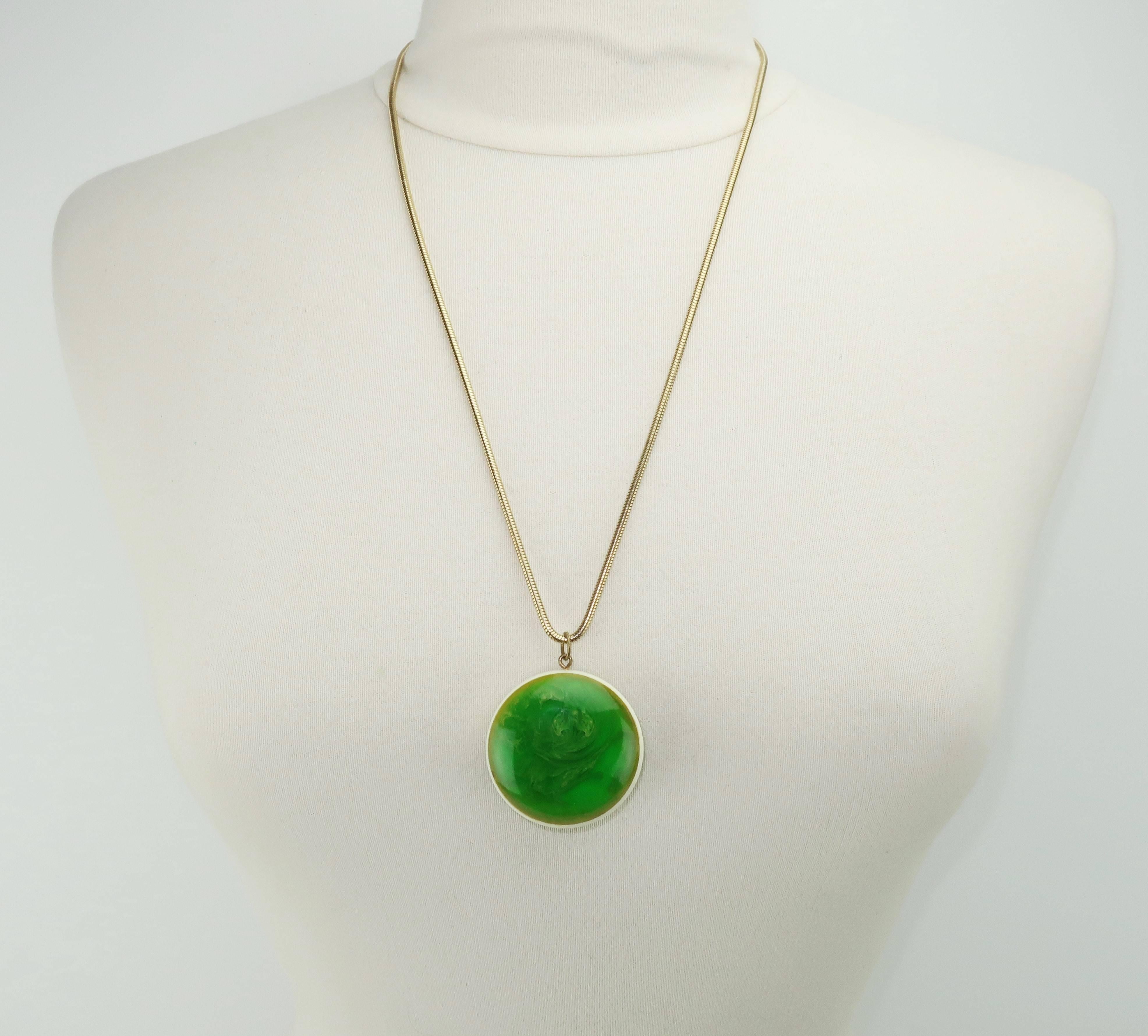 Modernist Mod Green Marbled Acrylic Pendant Necklace, circa 1970 