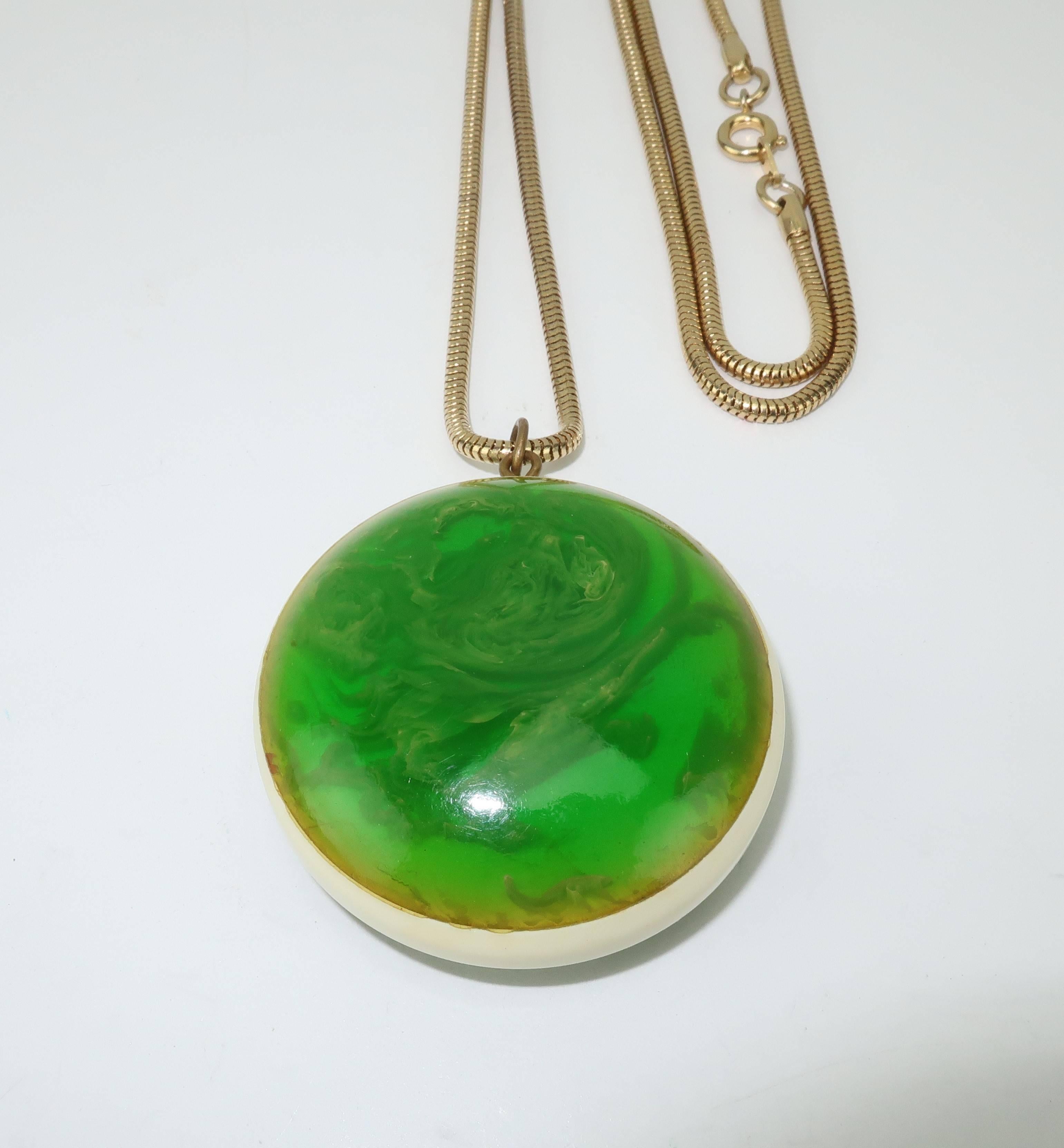 Mod Green Marbled Acrylic Pendant Necklace, circa 1970  2