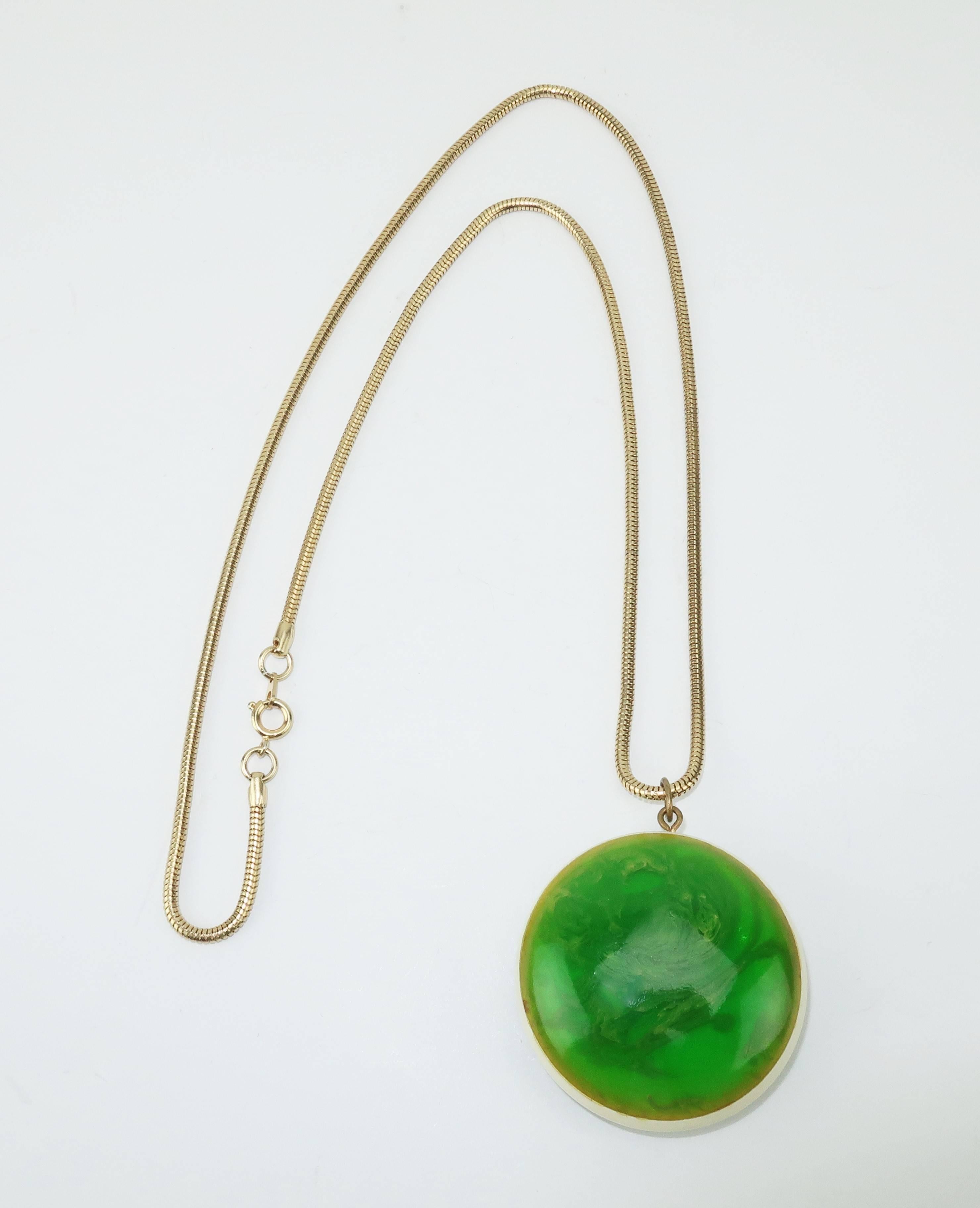 Mod Green Marbled Acrylic Pendant Necklace, circa 1970  1