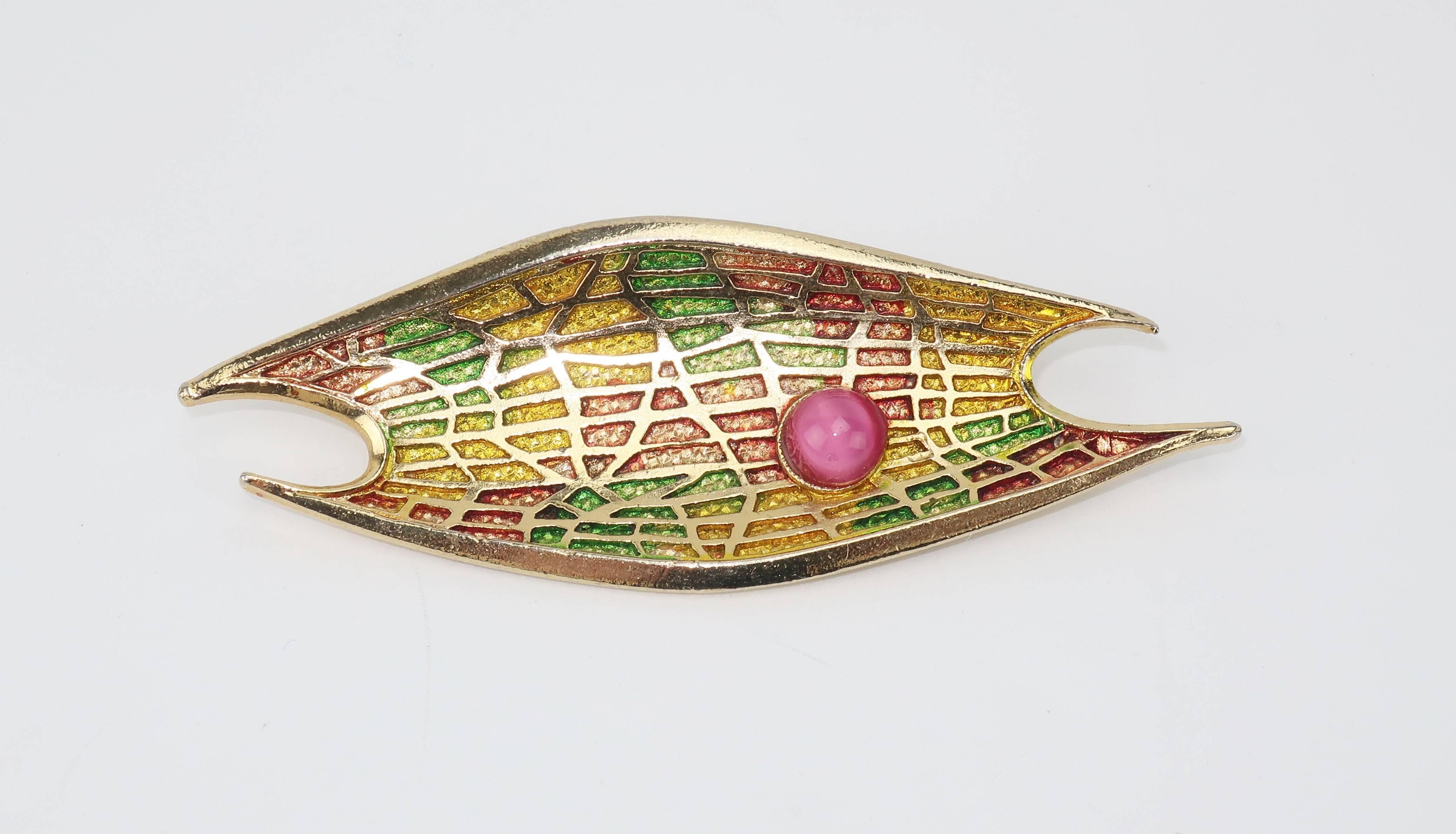Circa 1970 Abstract Modernist Gold Tone Brooch With Pink Cabochon 1