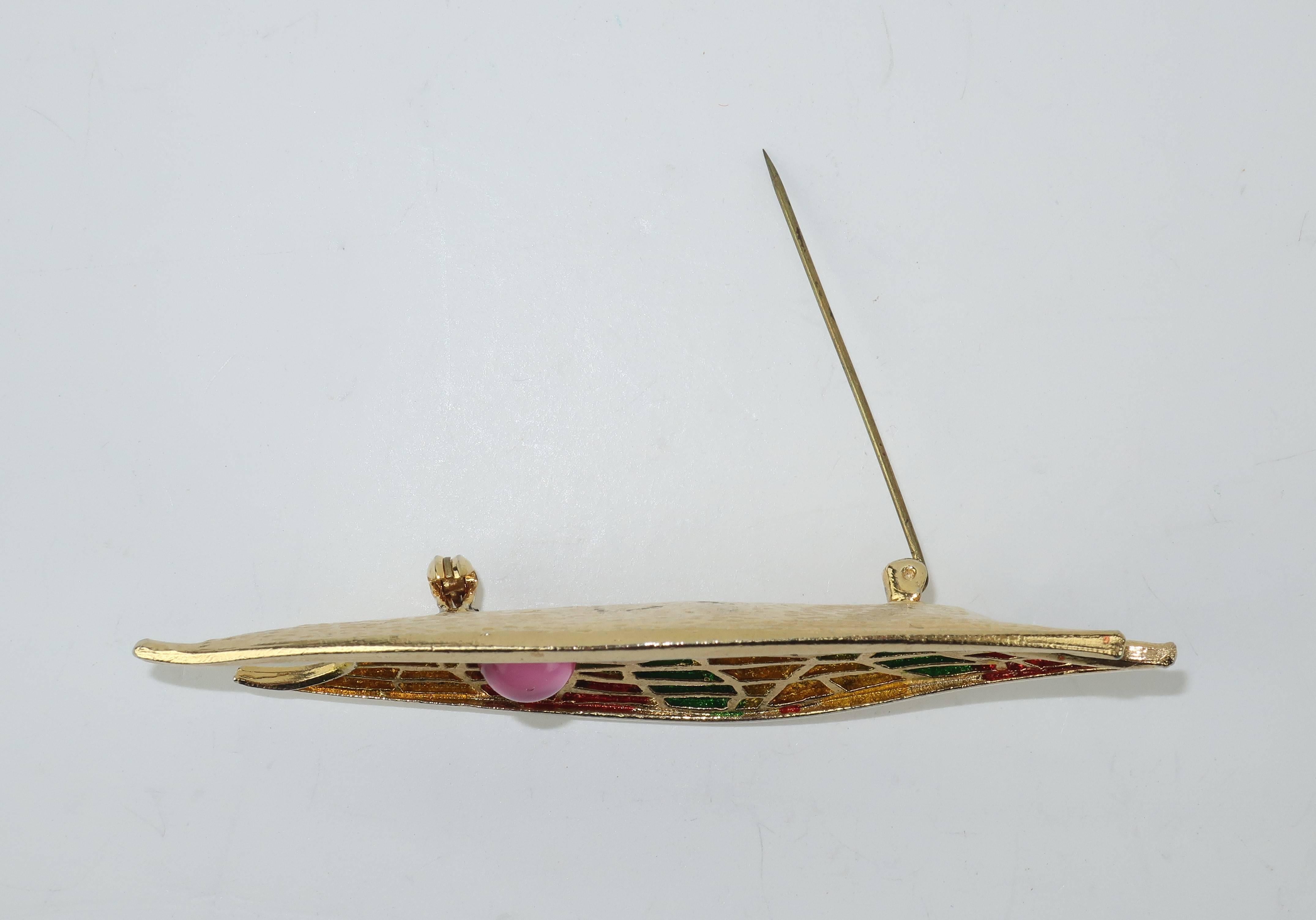 Circa 1970 Abstract Modernist Gold Tone Brooch With Pink Cabochon 3