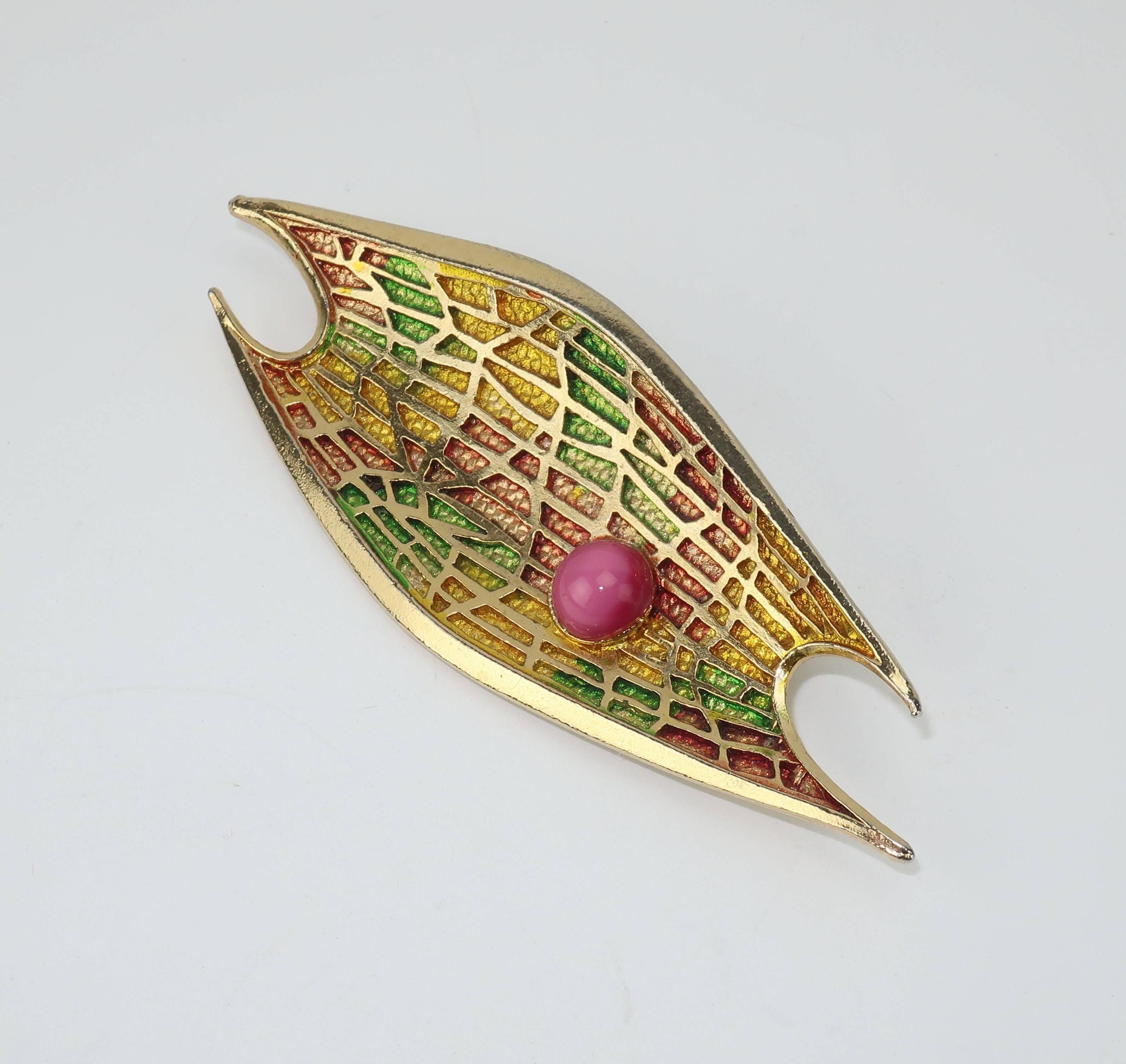 Women's Circa 1970 Abstract Modernist Gold Tone Brooch With Pink Cabochon