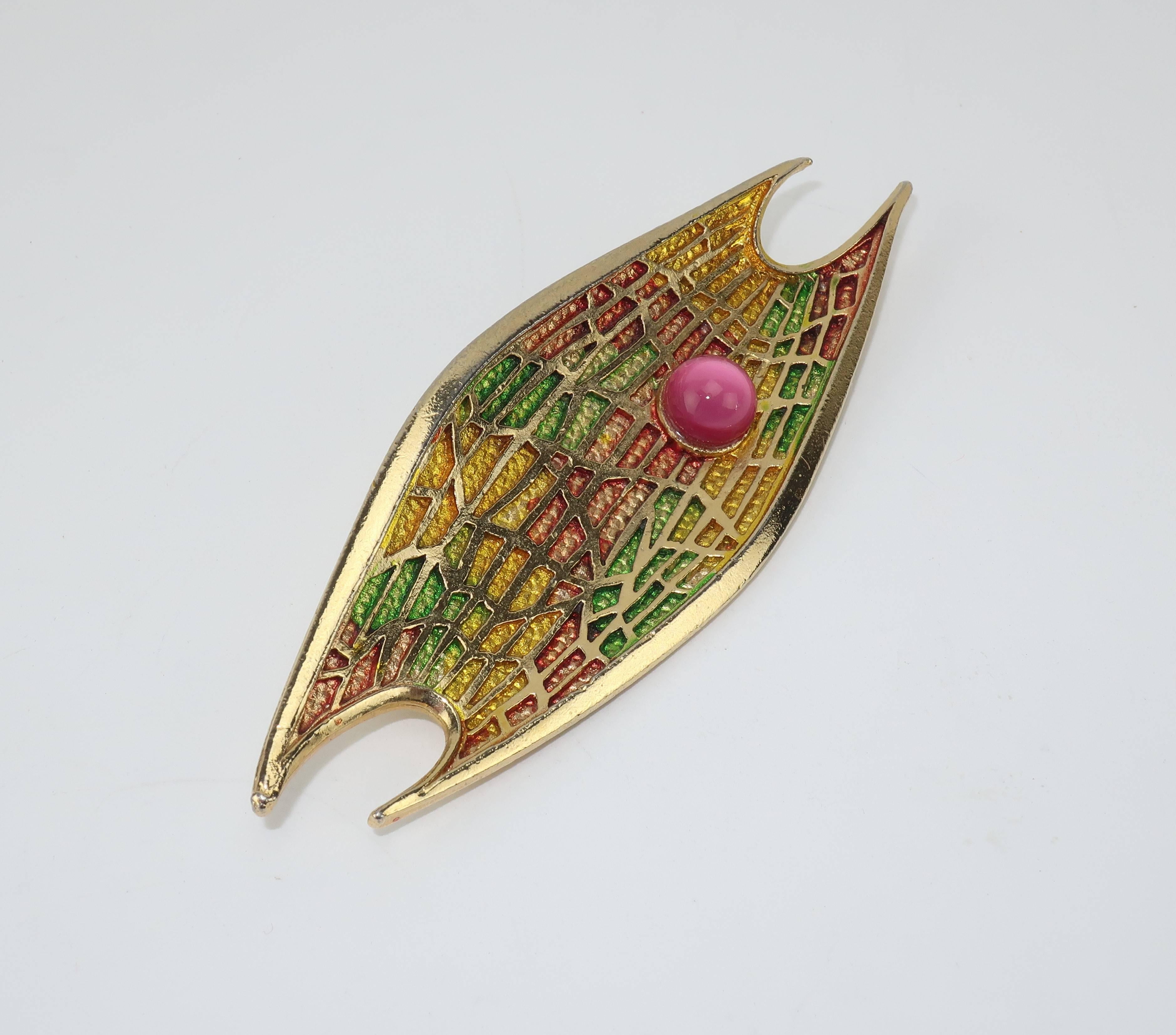 Circa 1970 Abstract Modernist Gold Tone Brooch With Pink Cabochon In Good Condition In Atlanta, GA
