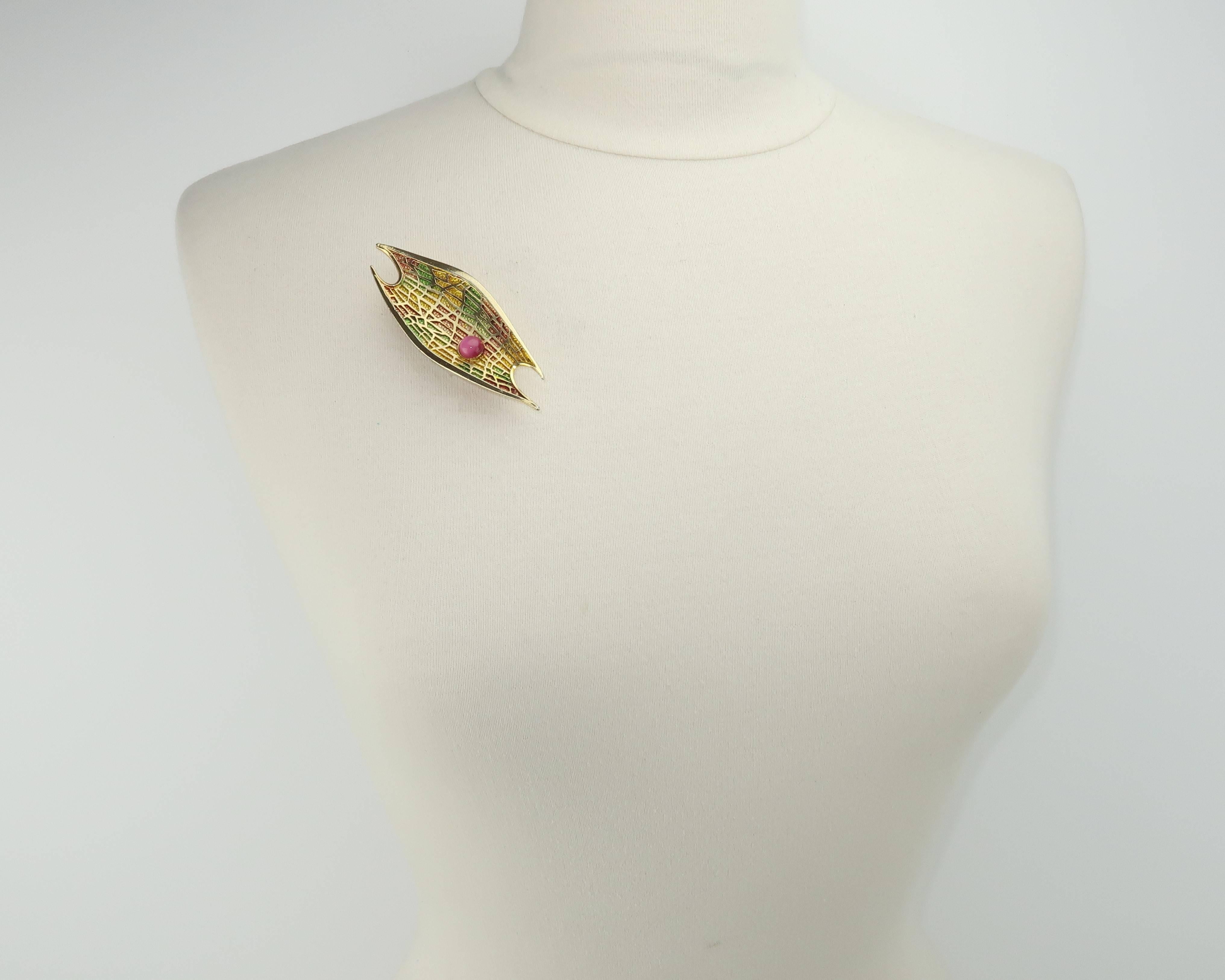 Circa 1970 Abstract Modernist Gold Tone Brooch With Pink Cabochon 5