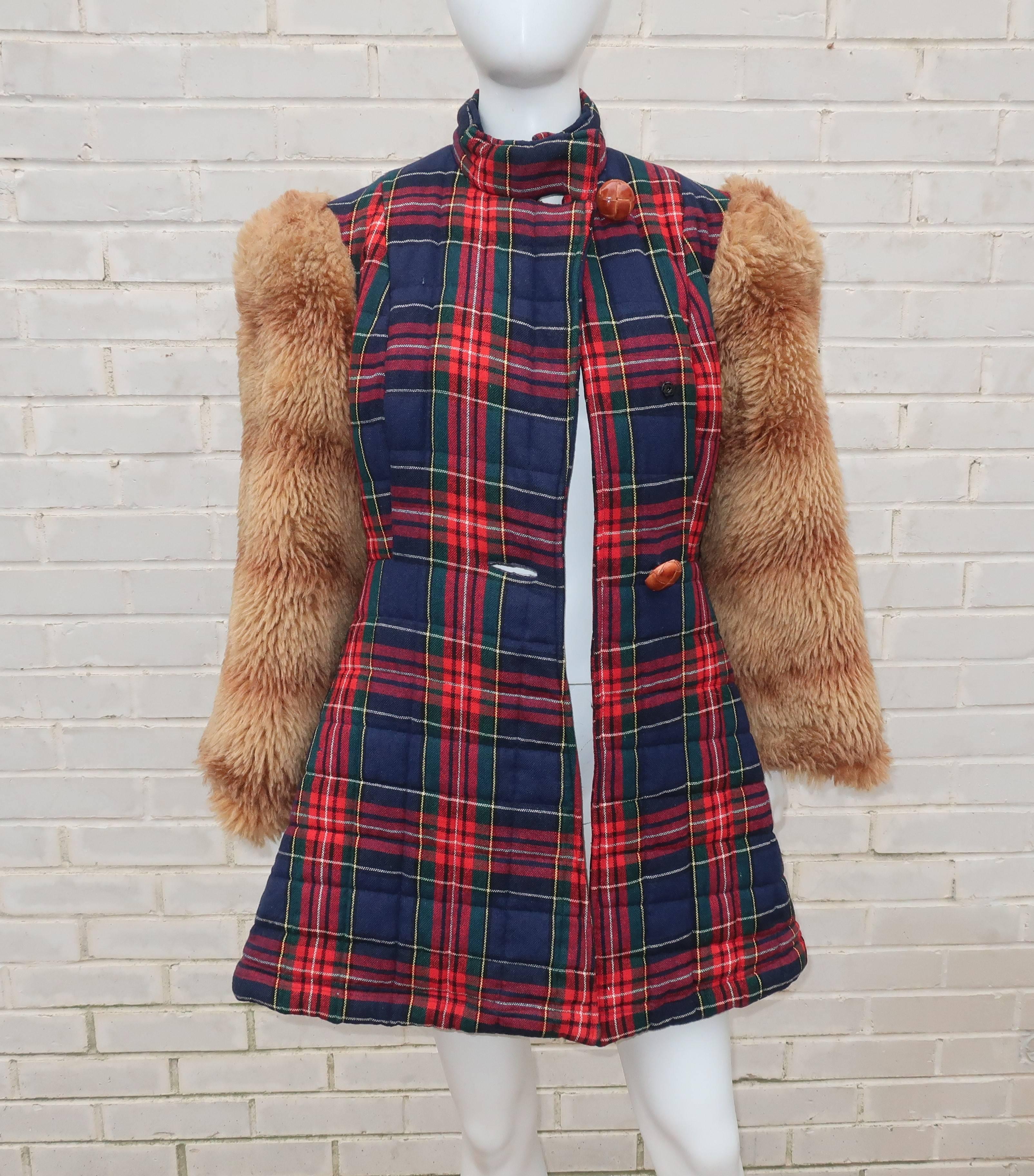 Betsey Johnson Alley Cat Wool Plaid Coat With Faux Fur Sleeves, 1970s  1