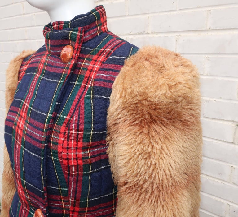 Betsey Johnson Alley Cat Wool Plaid Coat With Faux Fur Sleeves, 1970s
