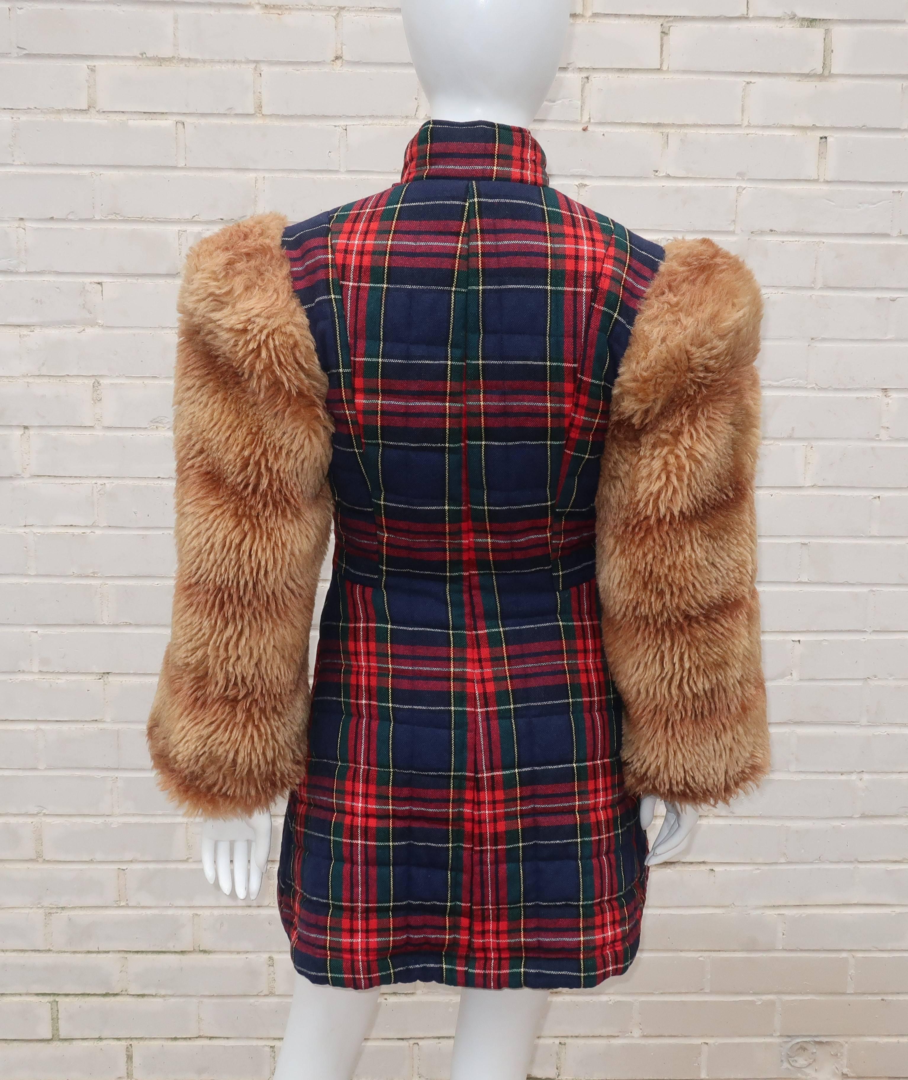 Black Betsey Johnson Alley Cat Wool Plaid Coat With Faux Fur Sleeves, 1970s