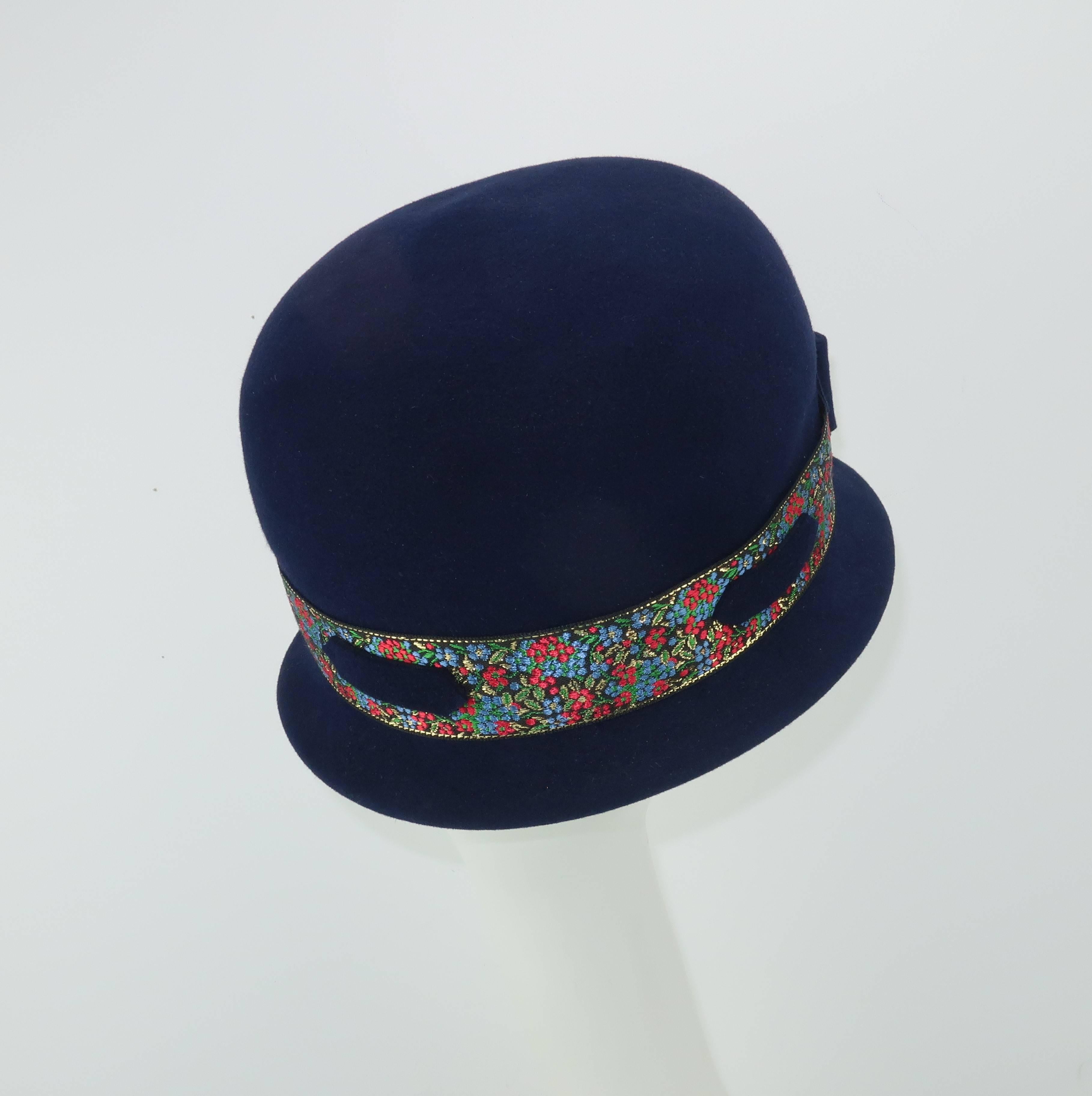 Black C.1960 Blue Wool Modified Bowler Hat With Brocade Trim