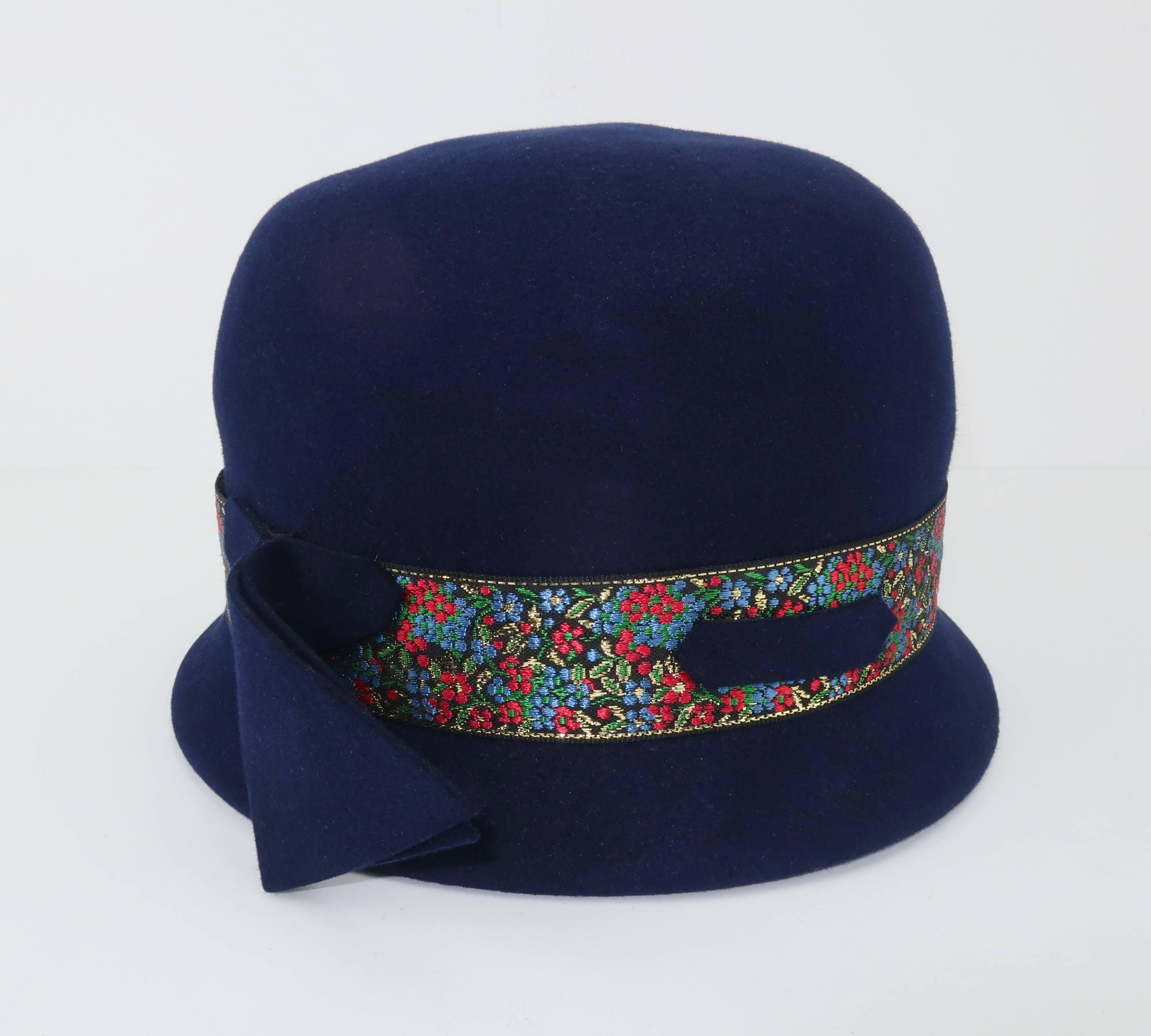 Women's C.1960 Blue Wool Modified Bowler Hat With Brocade Trim