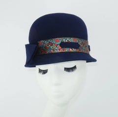 C.1960 Blue Wool Modified Bowler Hat With Brocade Trim