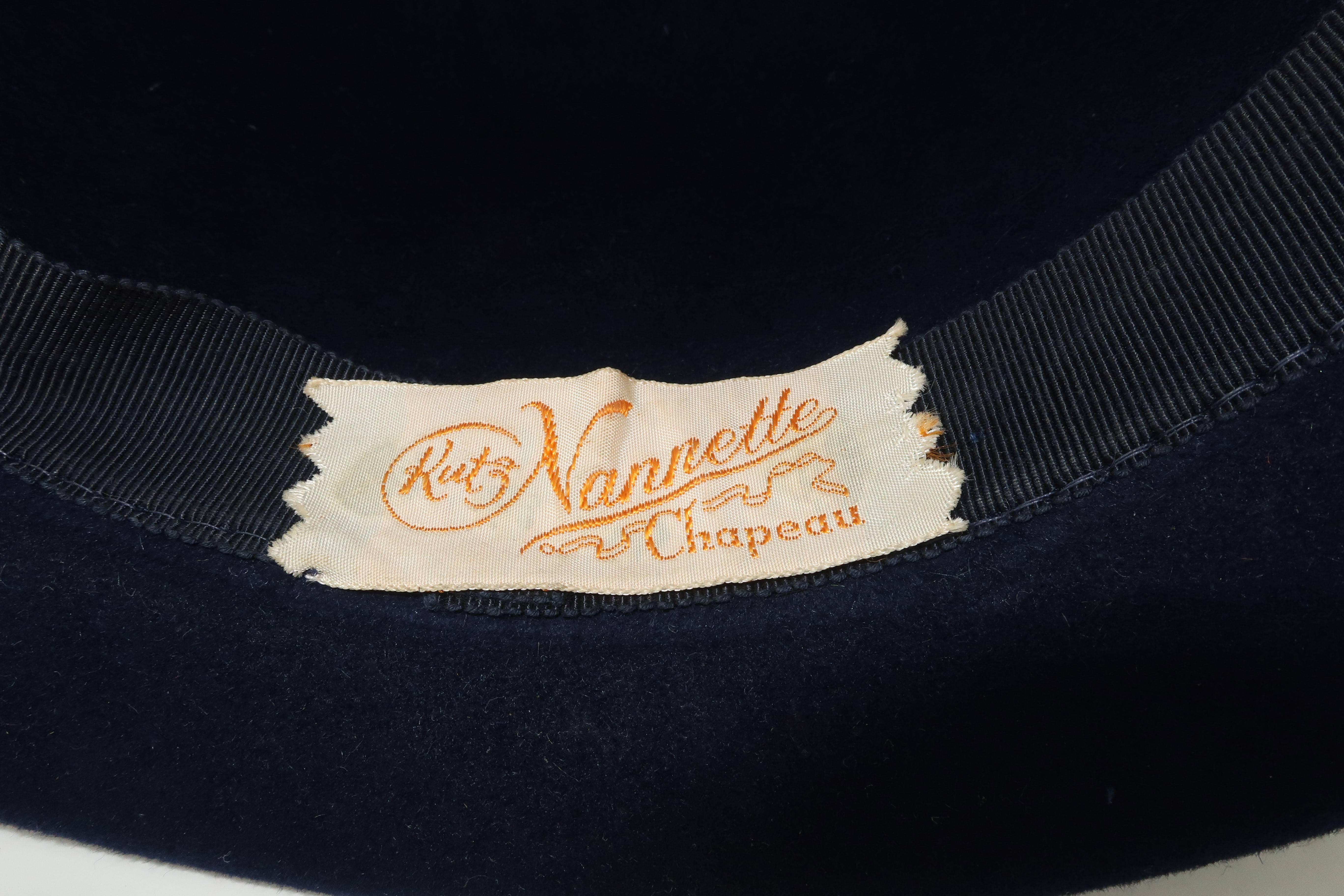 C.1960 Blue Wool Modified Bowler Hat With Brocade Trim 2