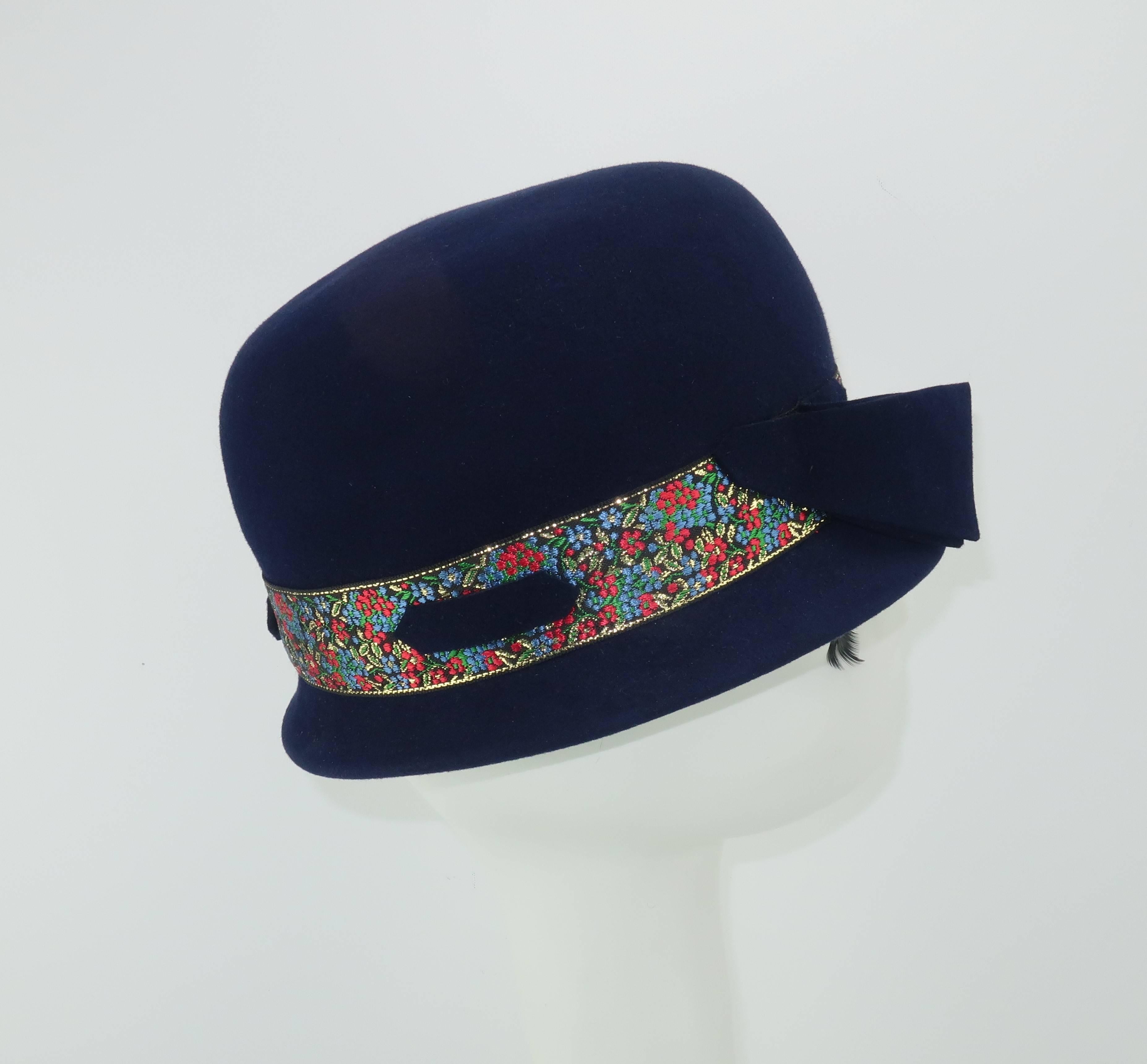 C.1960 Blue Wool Modified Bowler Hat With Brocade Trim In Good Condition In Atlanta, GA
