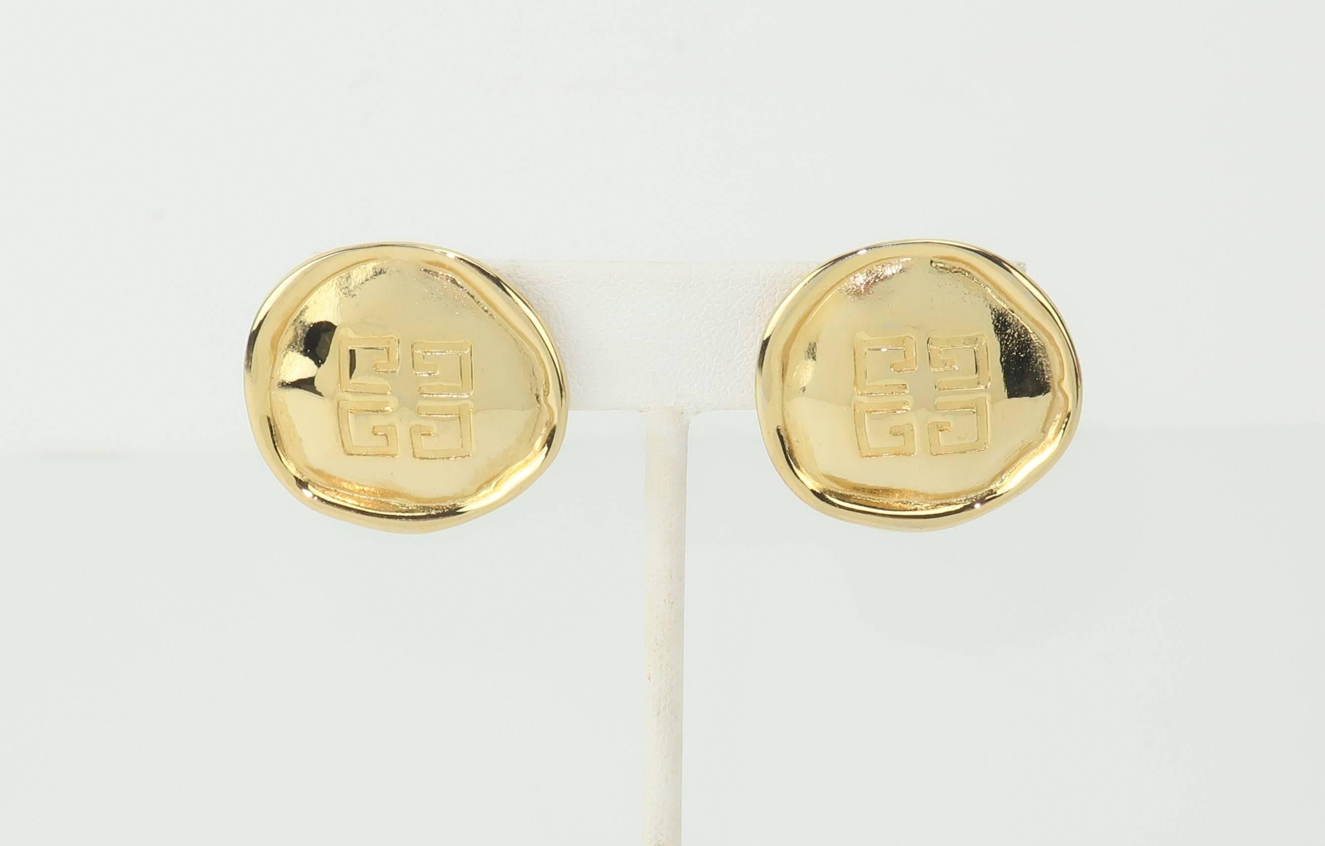 Modern 1980's Givenchy Gold Tone Button Logo Earrings