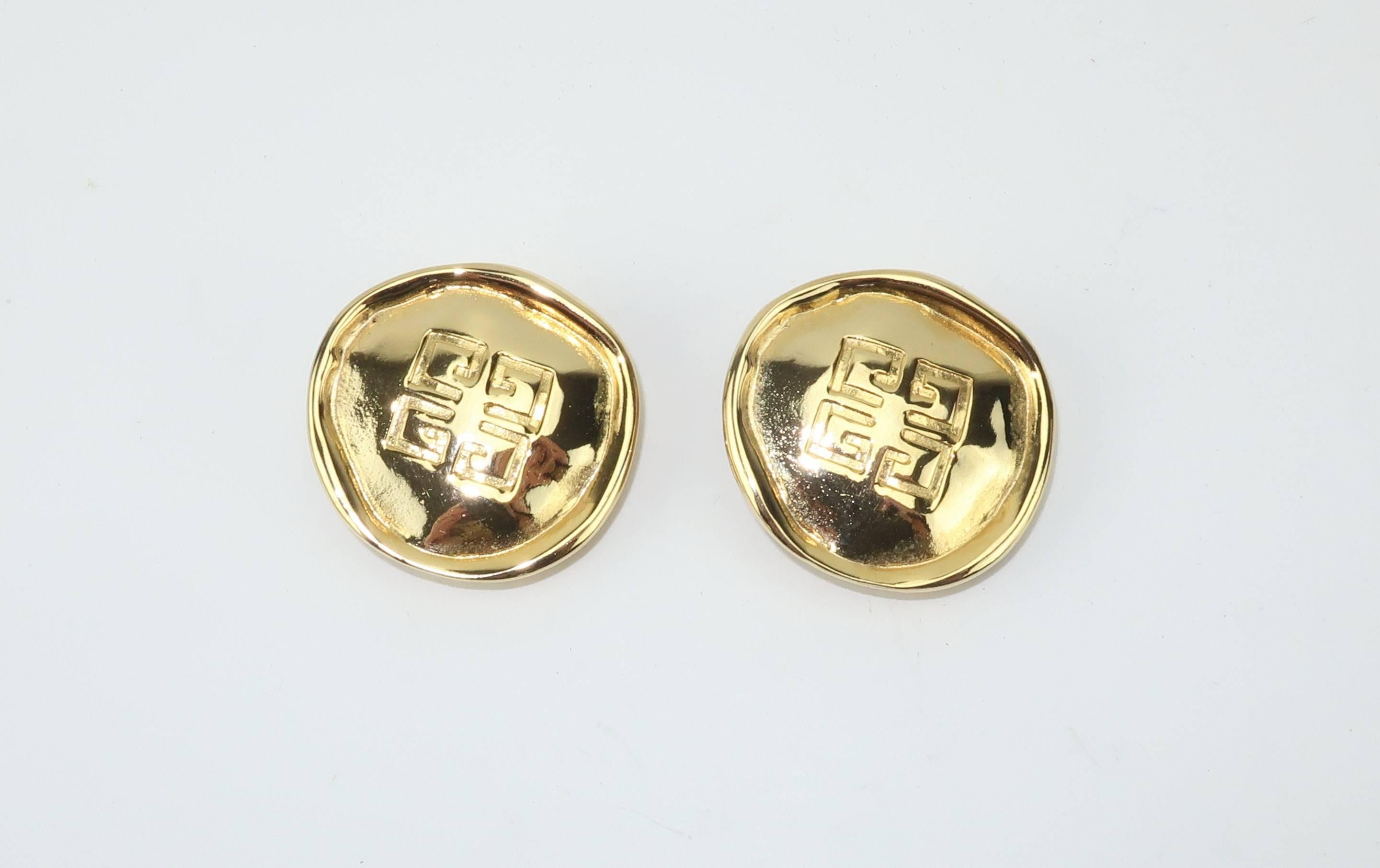 1980's Givenchy Gold Tone Button Logo Earrings 1