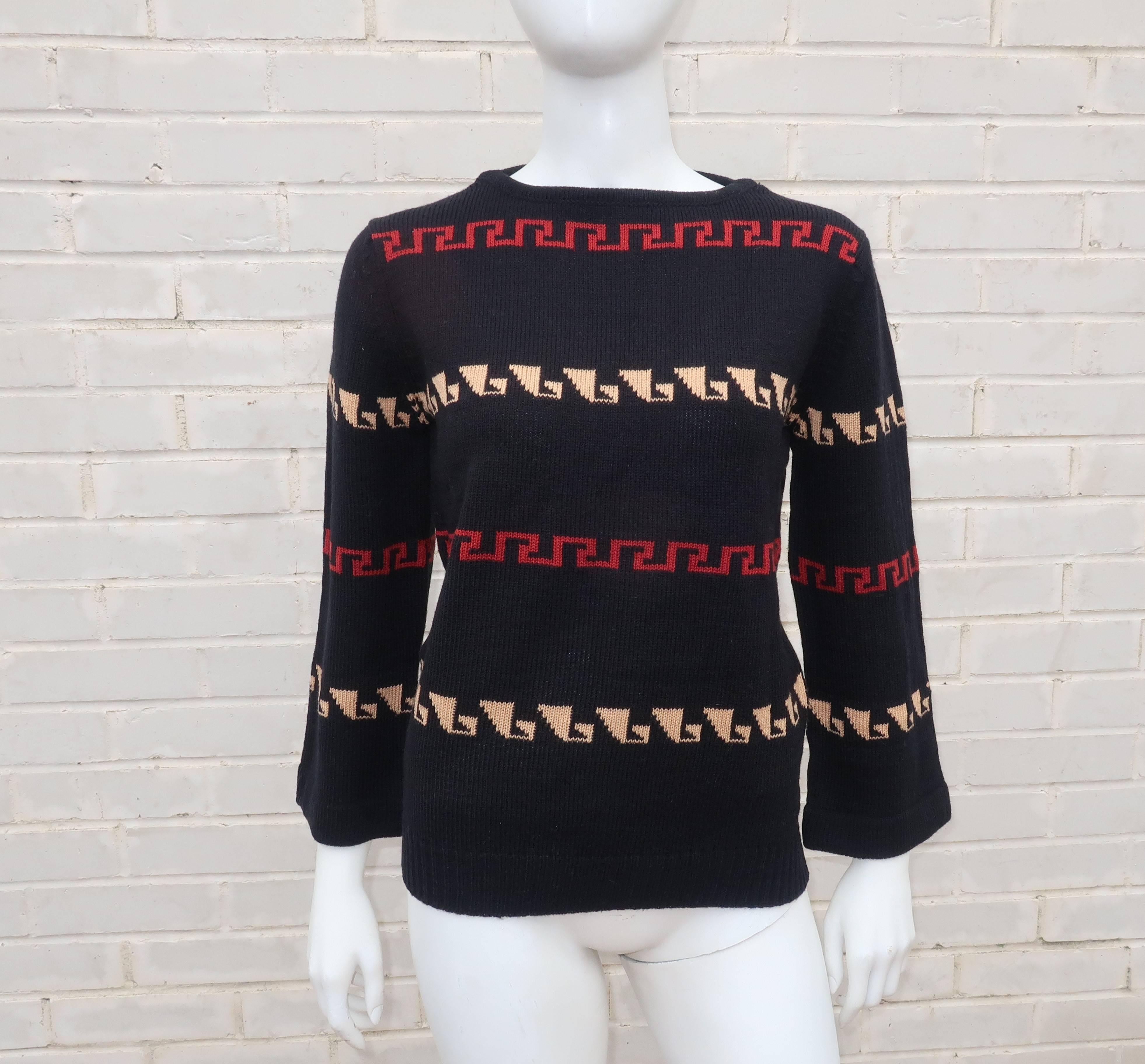 1970's Villager Black & Tan Wool Knit Sweater 1