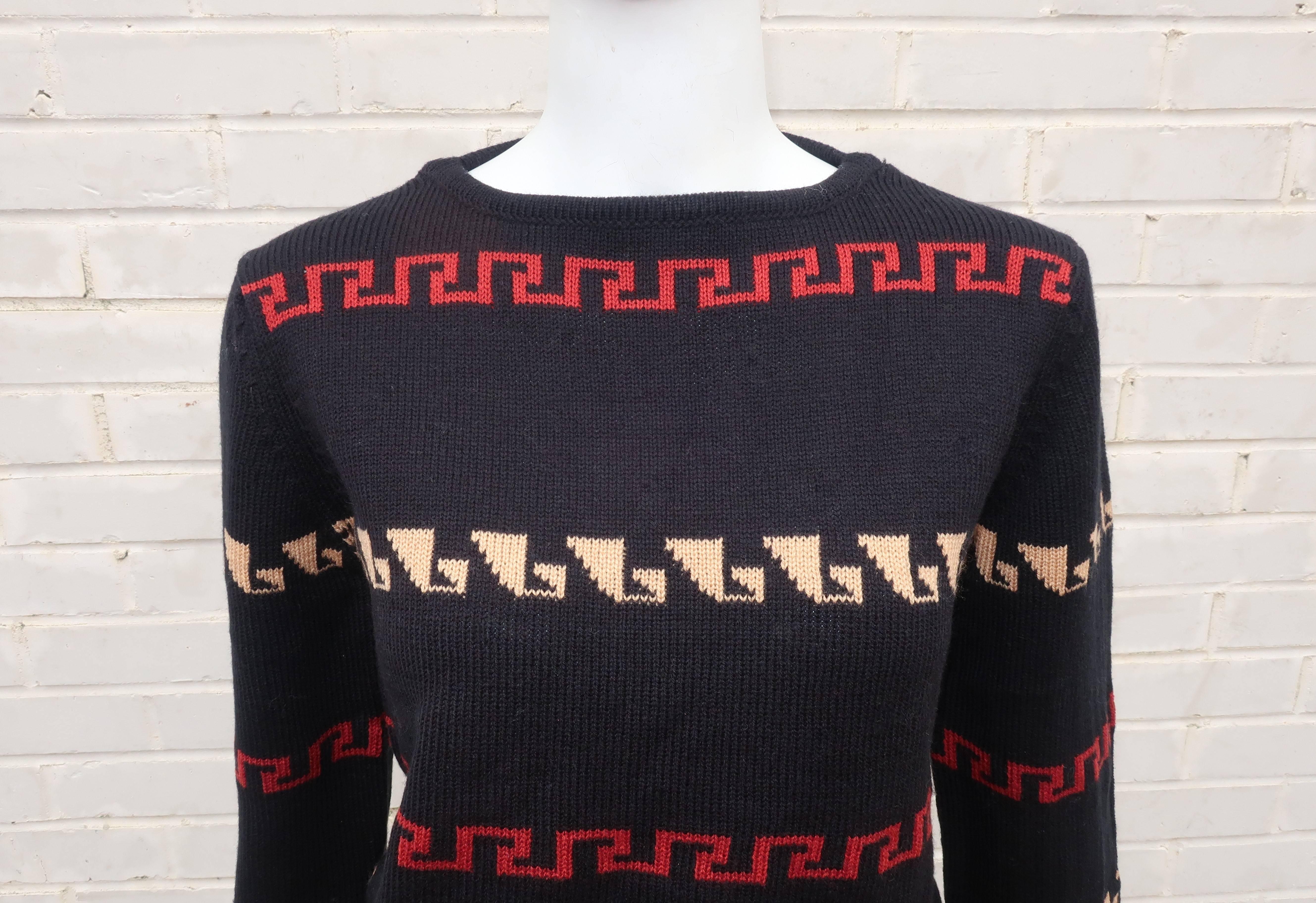 Women's 1970's Villager Black & Tan Wool Knit Sweater