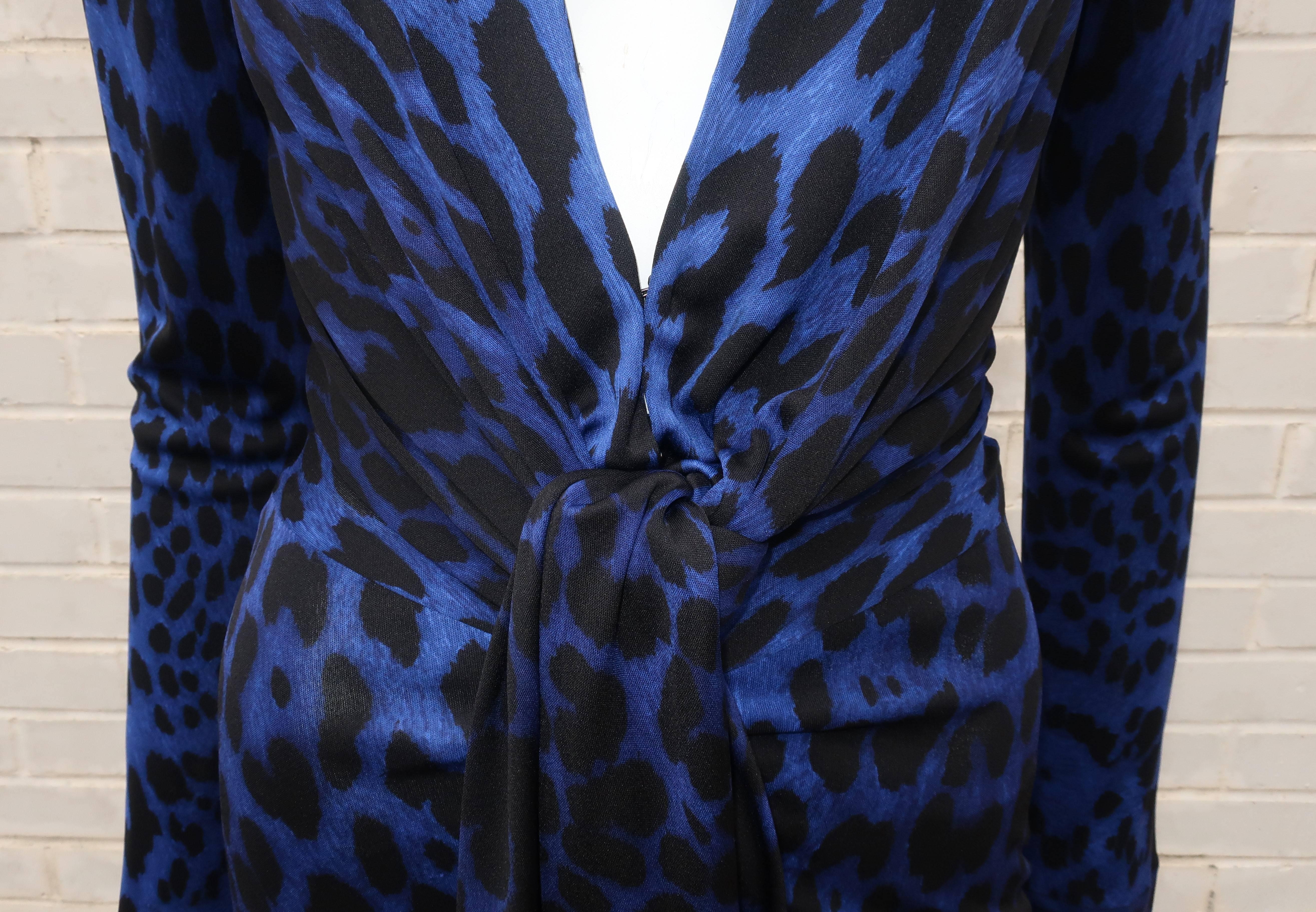 C.1980 Leonard Black & Blue Animal Print Silk Jersey Disco Dress In Excellent Condition In Atlanta, GA