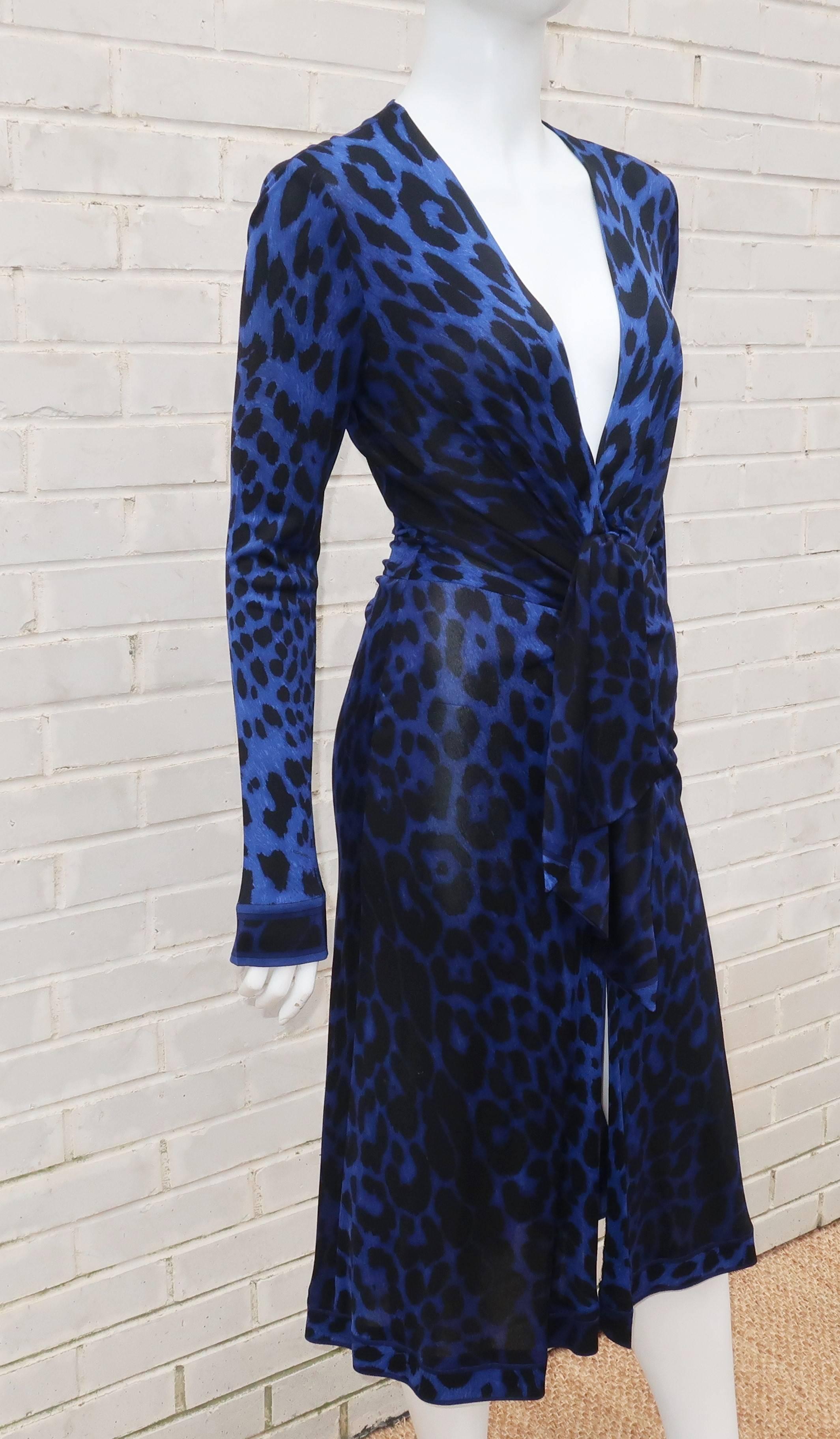 C.1980 Leonard Black & Blue Animal Print Silk Jersey Disco Dress 1