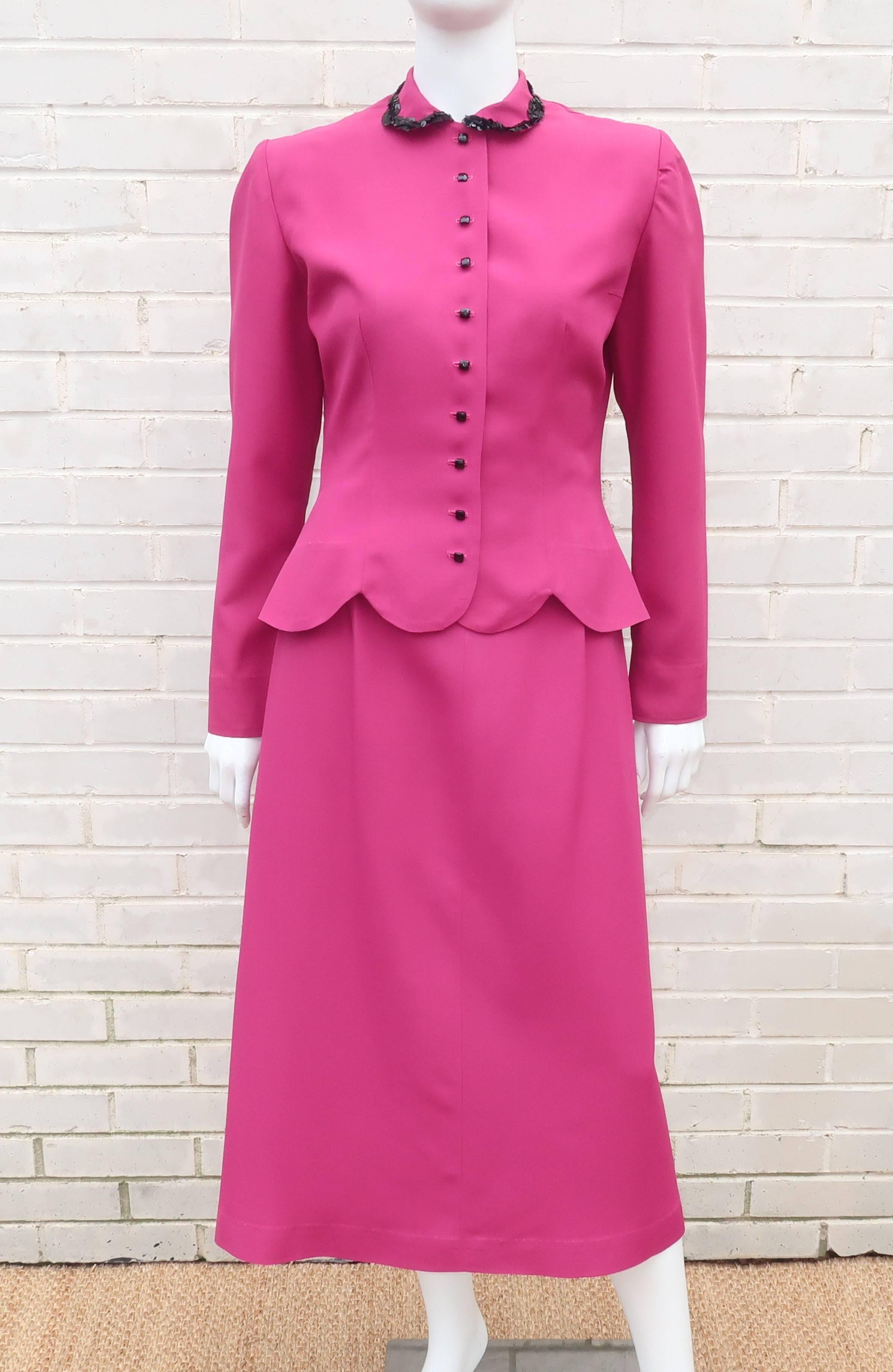 Pink 1950’s Jonathan Logan Magenta Dress Suit with Sequin Collar