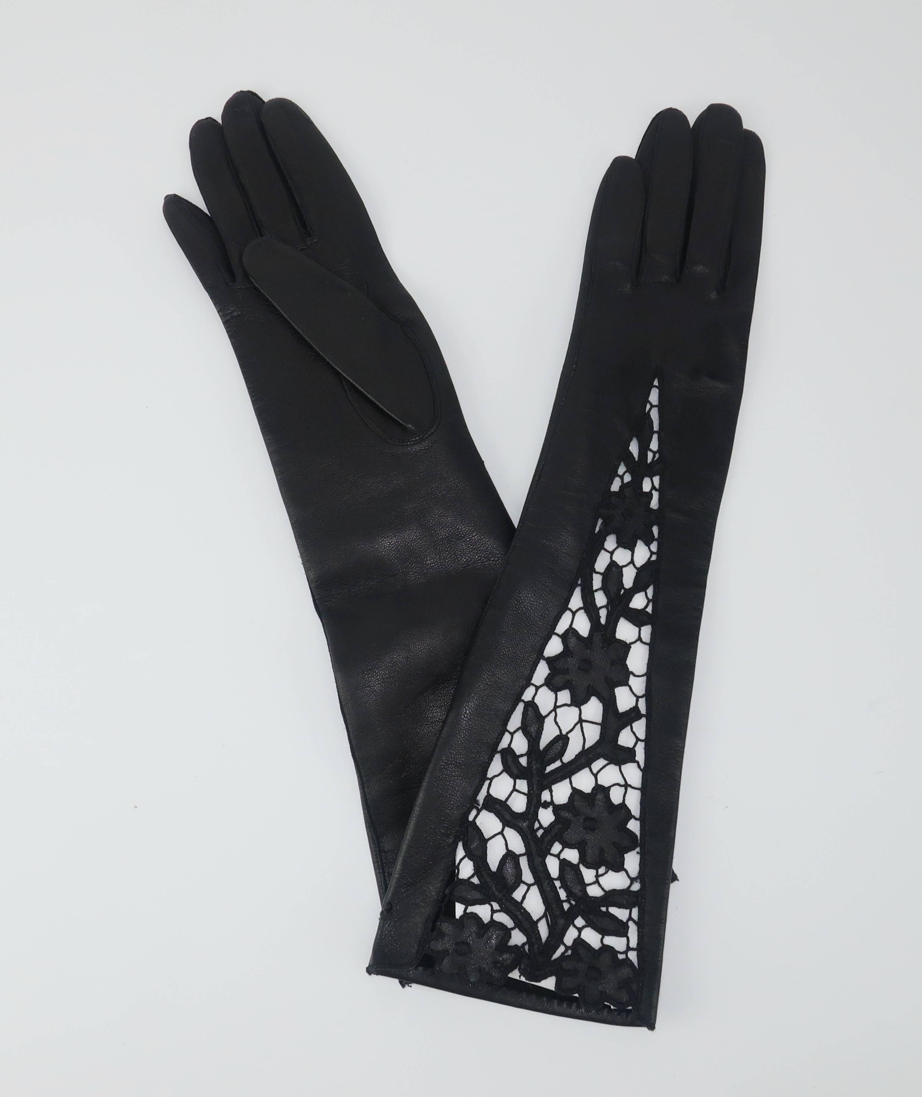 Women's 1950’s Black Leather Gloves With Embroidered Cut Work
