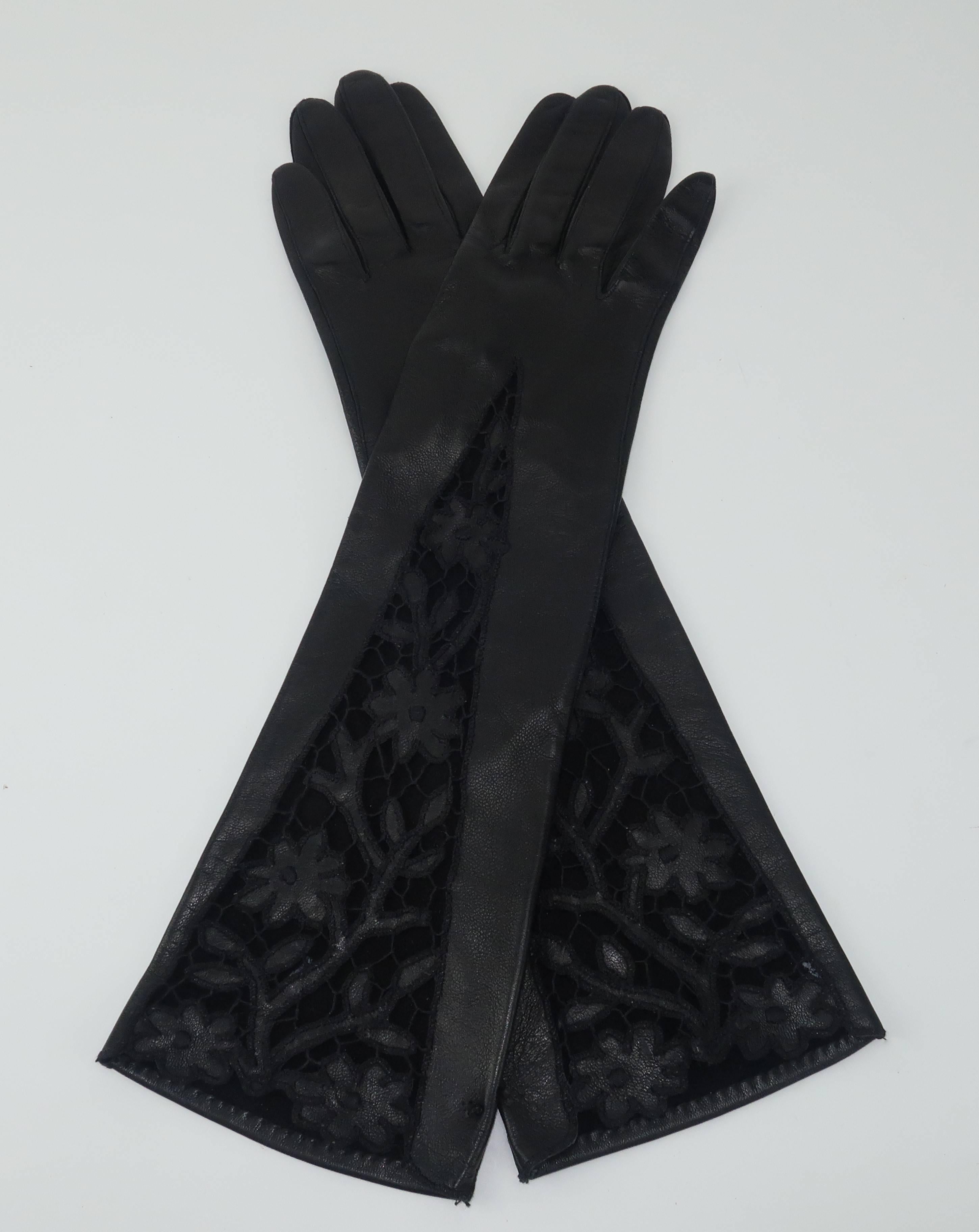 1950’s Black Leather Gloves With Embroidered Cut Work 4