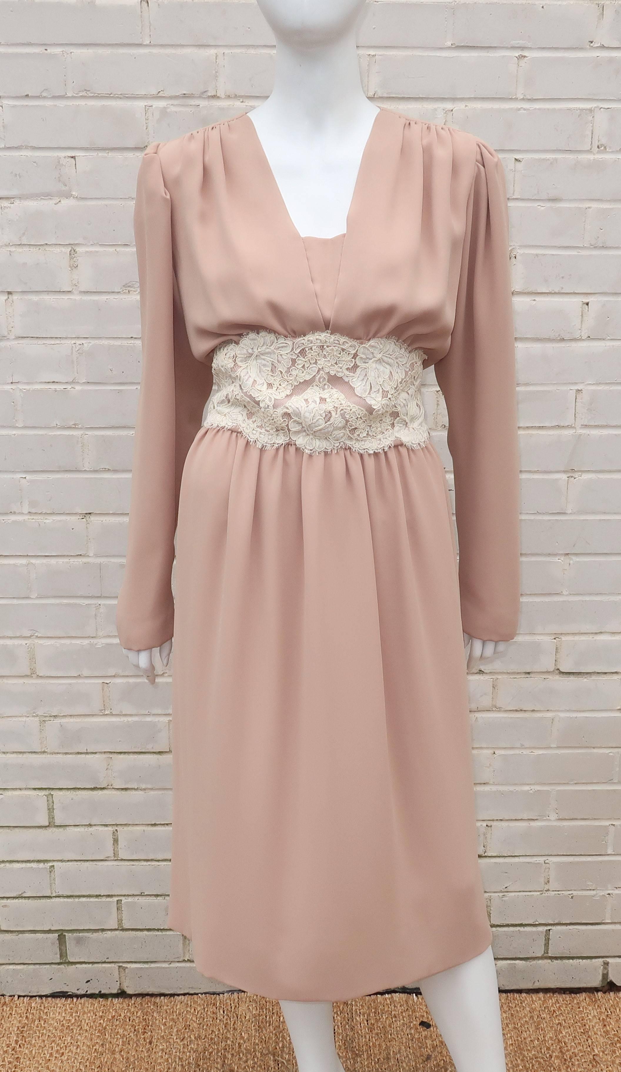 1970’s Helga Light Beige Georgette Dress With Lace Cummerbund In Good Condition In Atlanta, GA