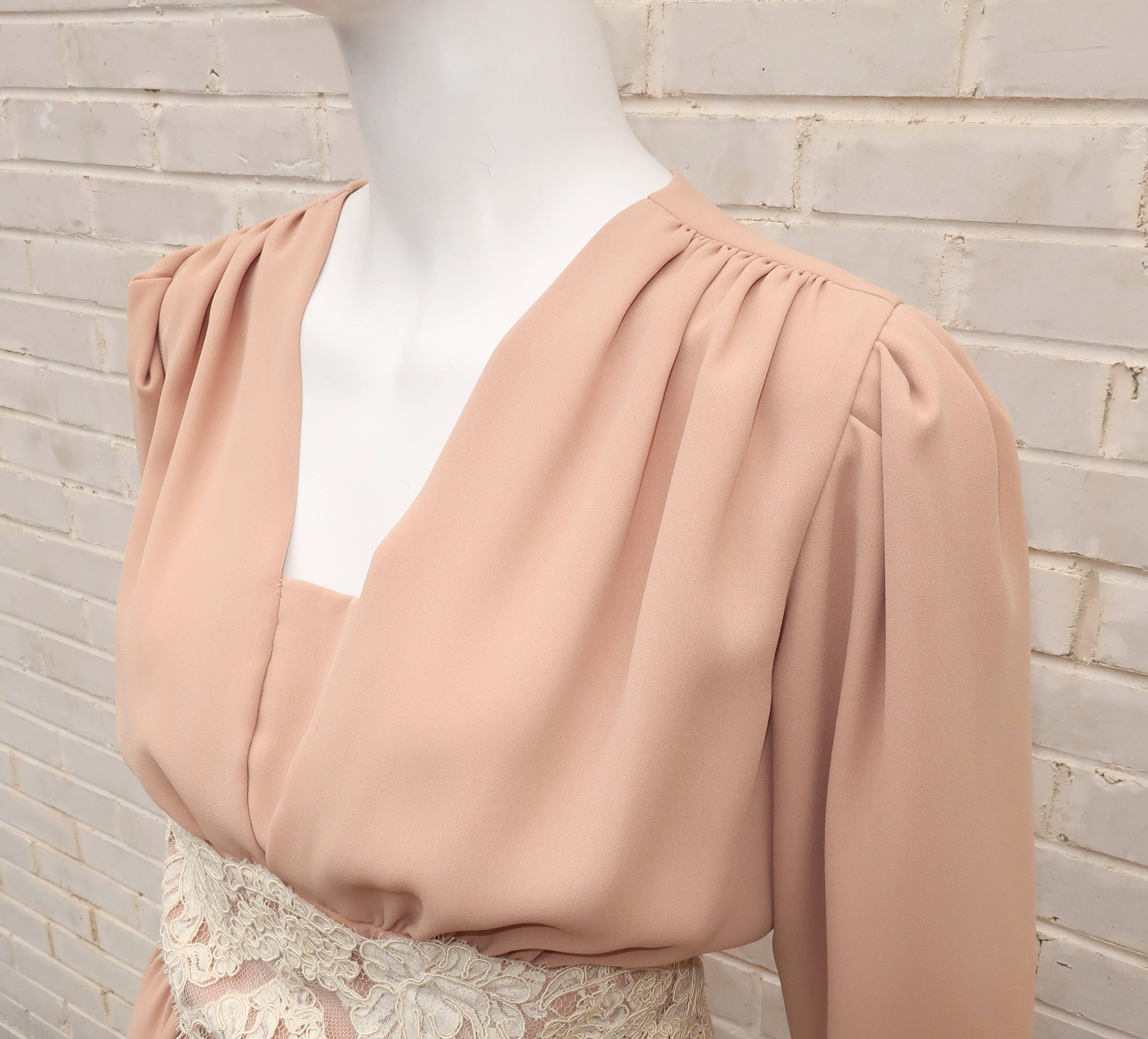 1970’s Helga Light Beige Georgette Dress With Lace Cummerbund 3