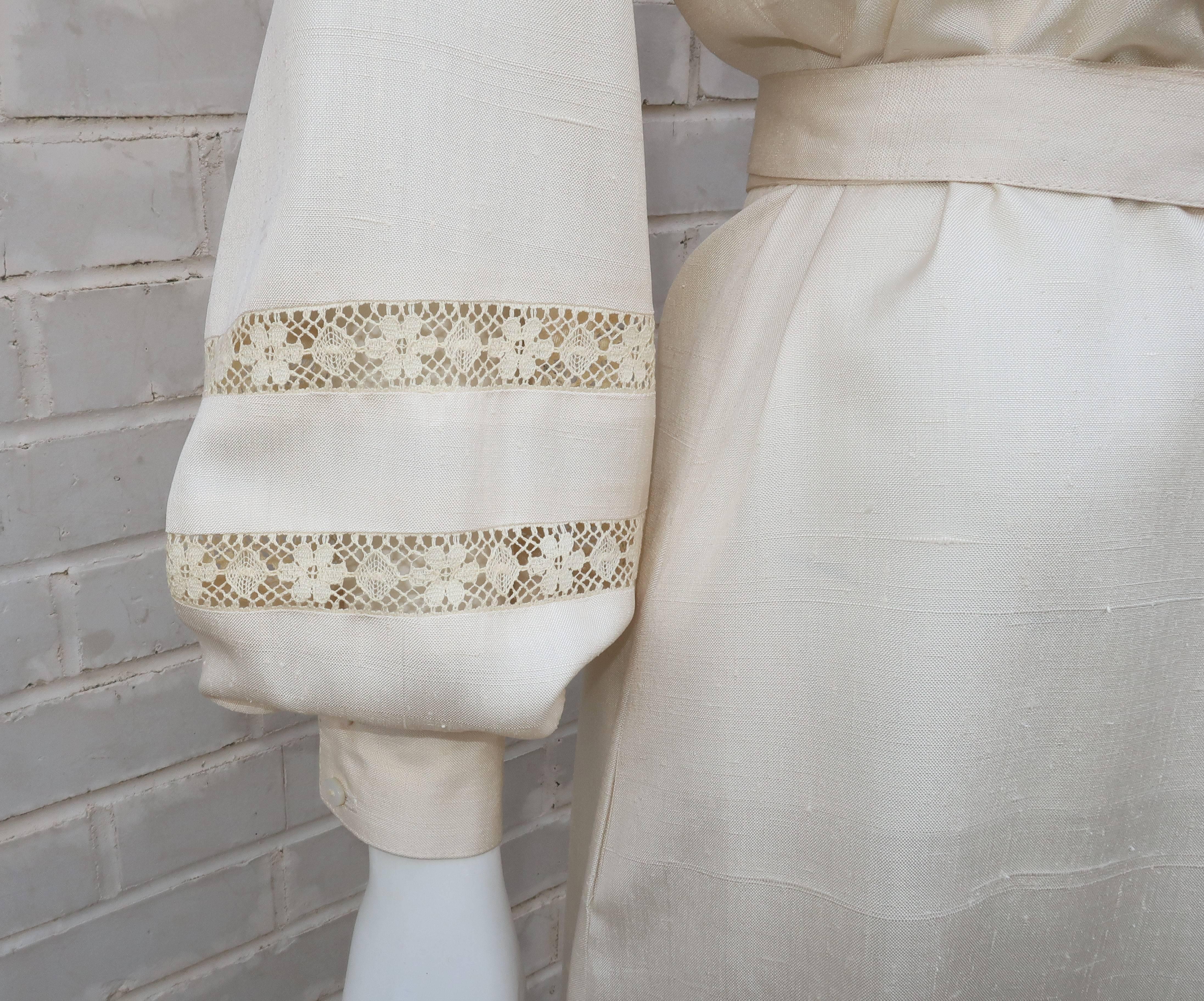 Gray 1970’s Albert Nipon Ivory Dupioni Silk Dress With Lace Details