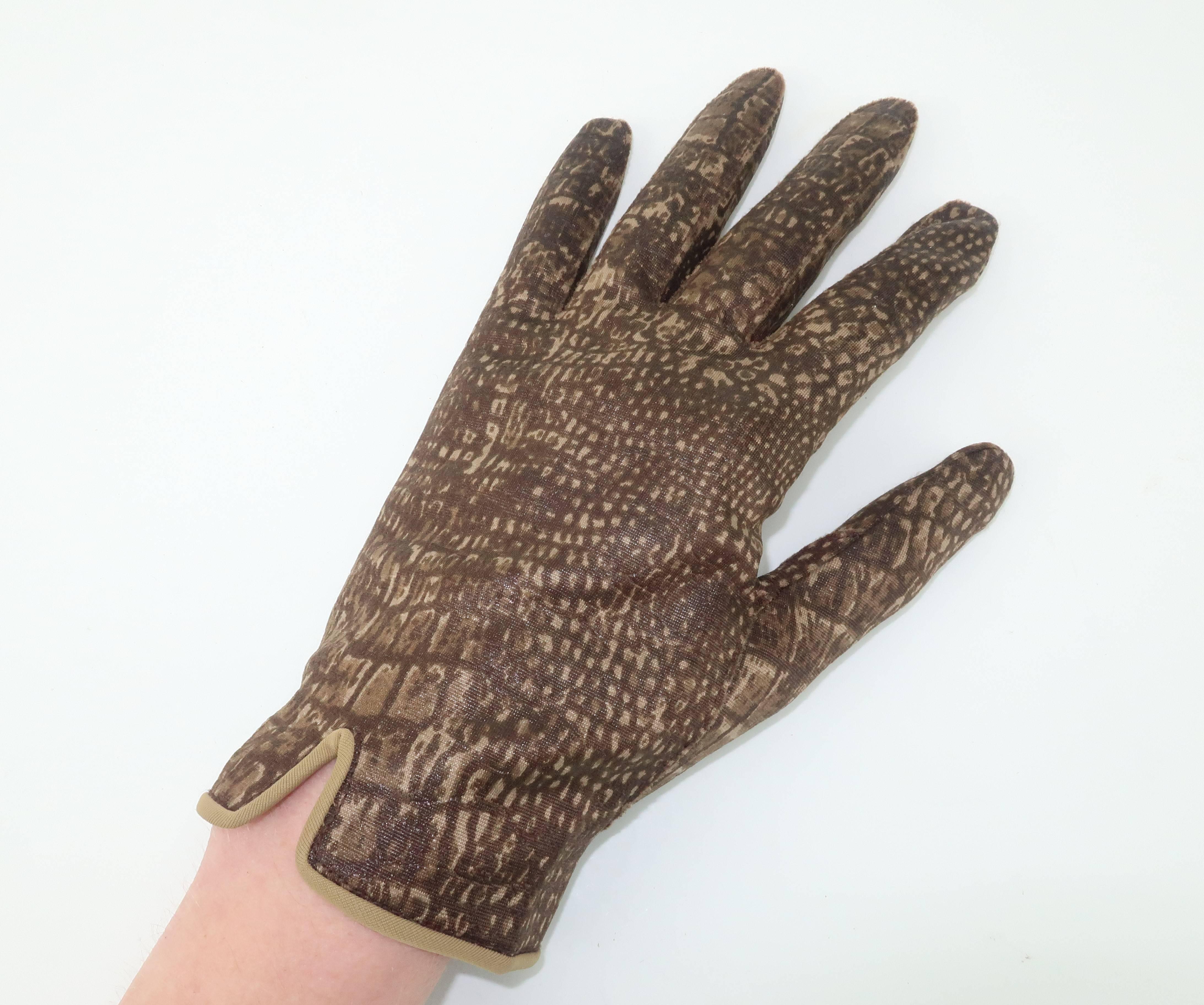 Women's Alligator Printed Brown Fabric Gloves, 1960s 