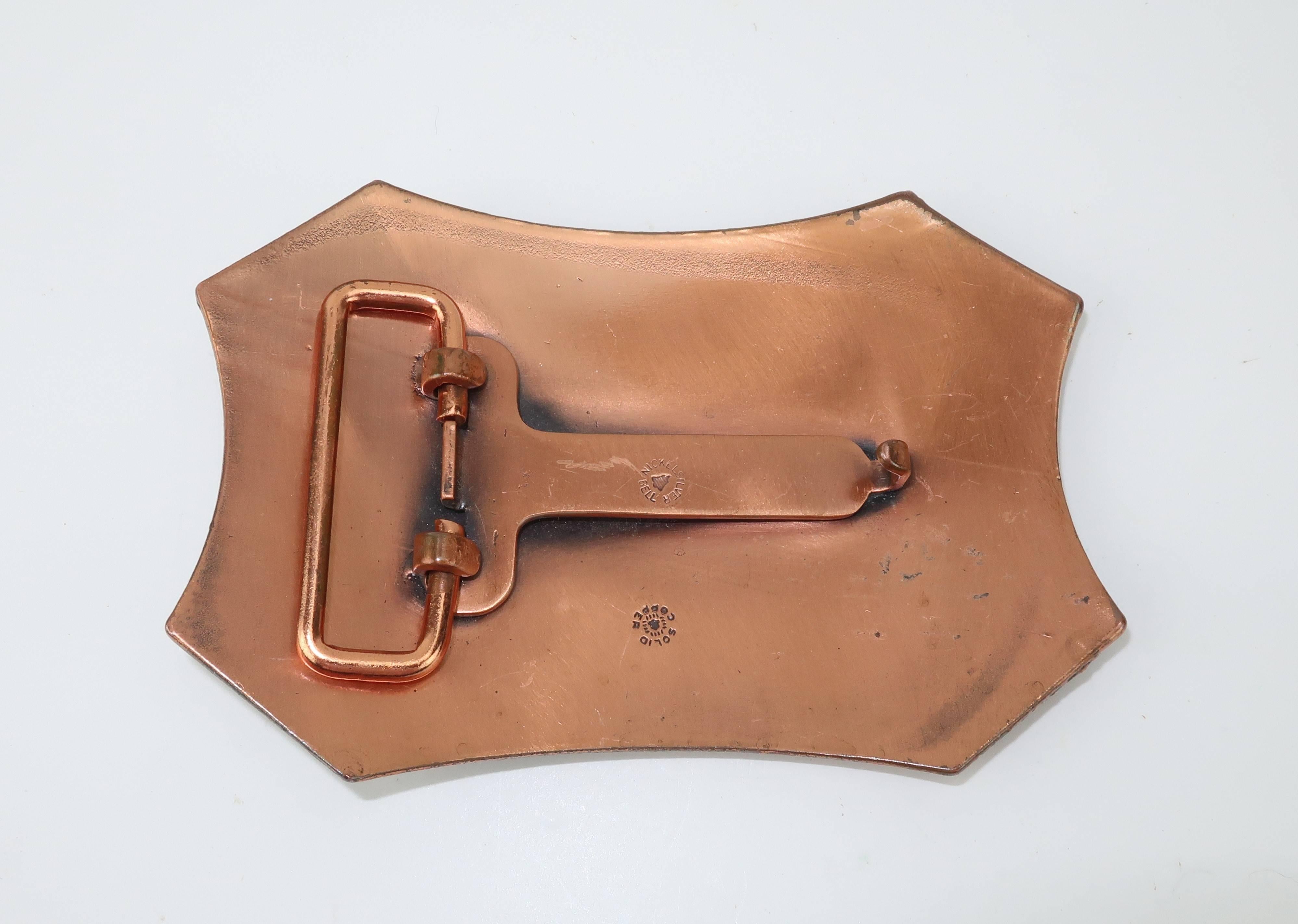 Gray Brutalist Copper Turquoise Western Belt Buckle and Bolo Tie, Circa 1960 
