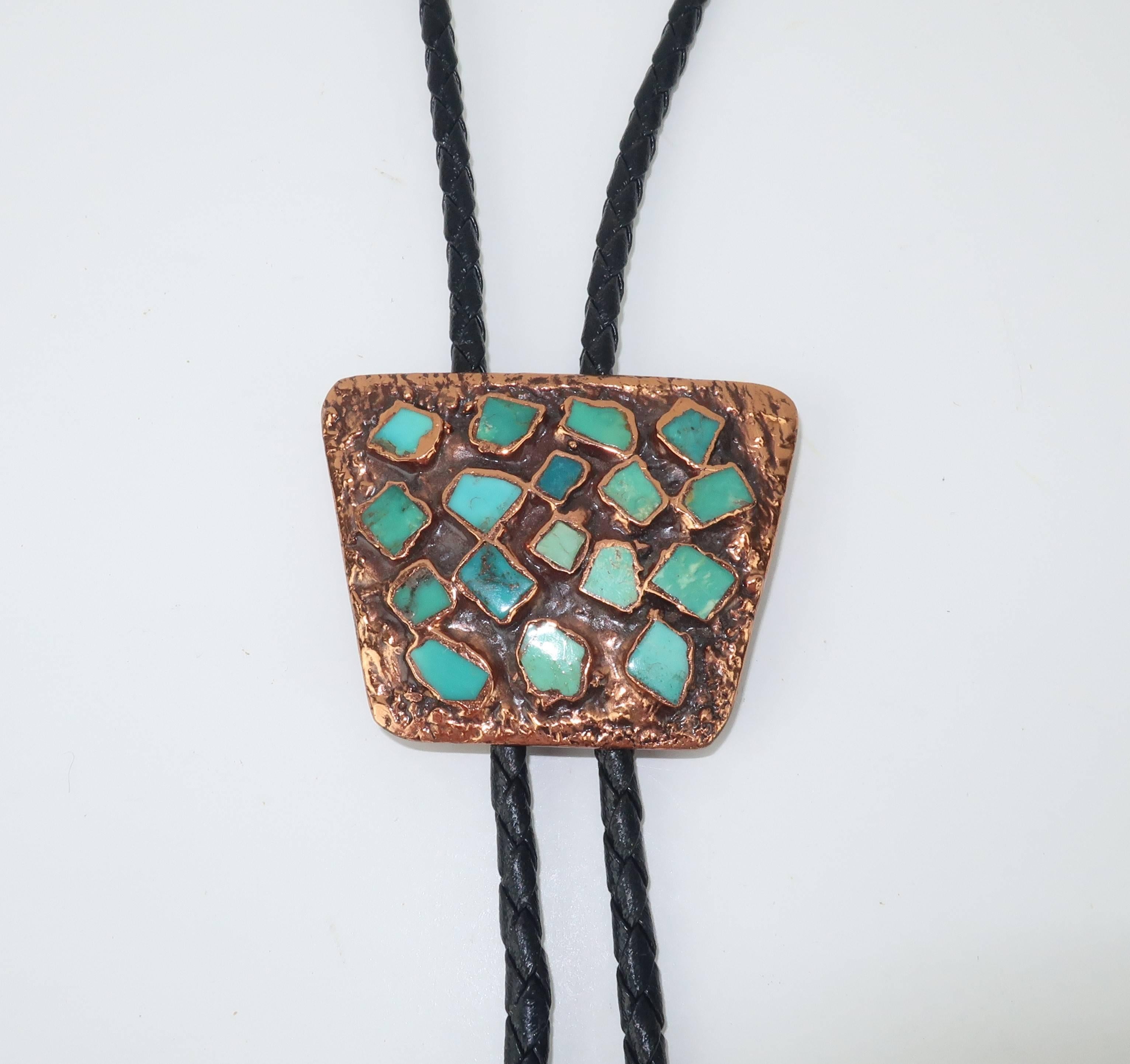 Women's or Men's Brutalist Copper Turquoise Western Belt Buckle and Bolo Tie, Circa 1960 