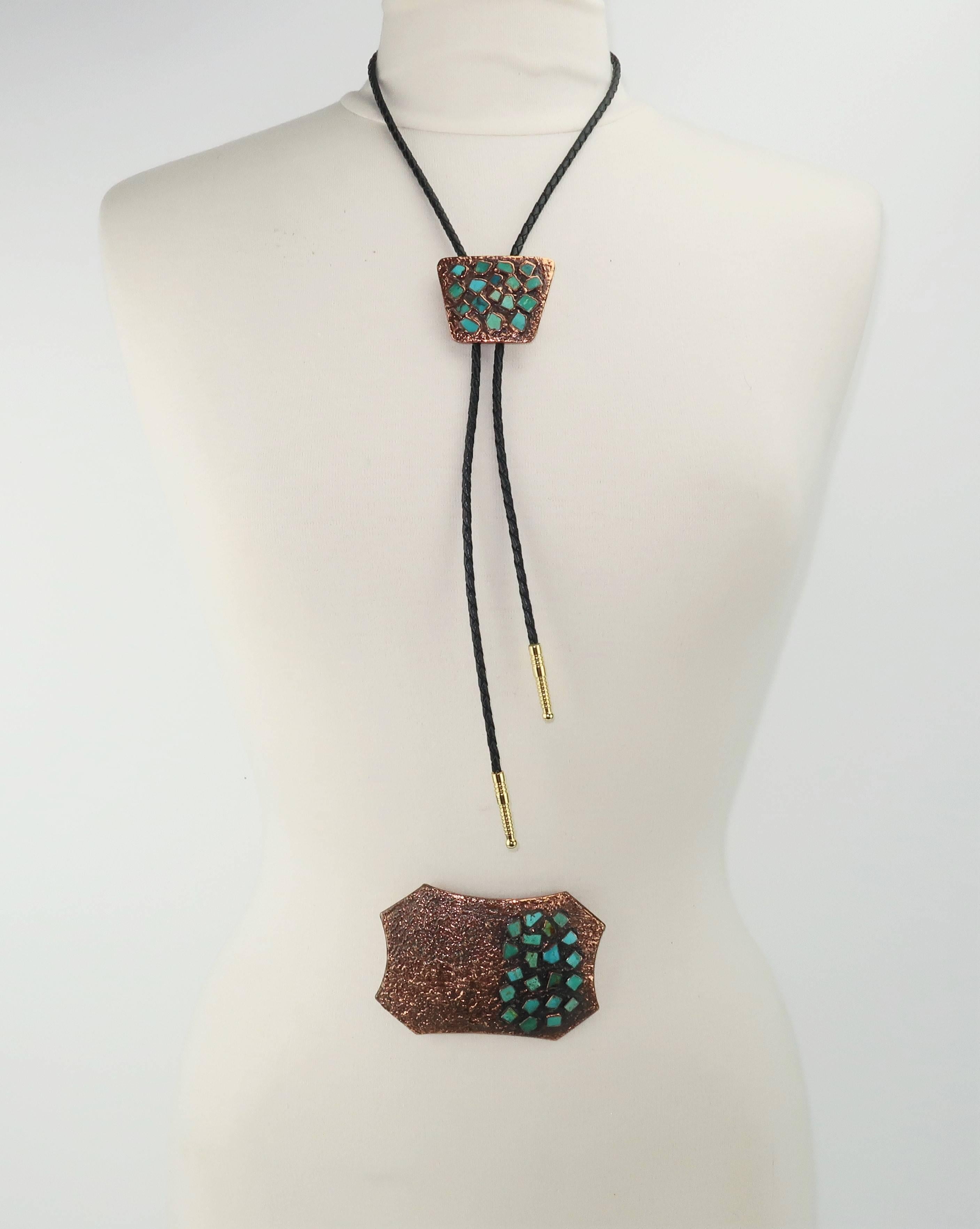 Brutalist Copper Turquoise Western Belt Buckle and Bolo Tie, Circa 1960  3