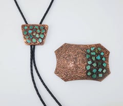 Brutalist Copper Turquoise Western Belt Buckle and Bolo Tie, Circa 1960